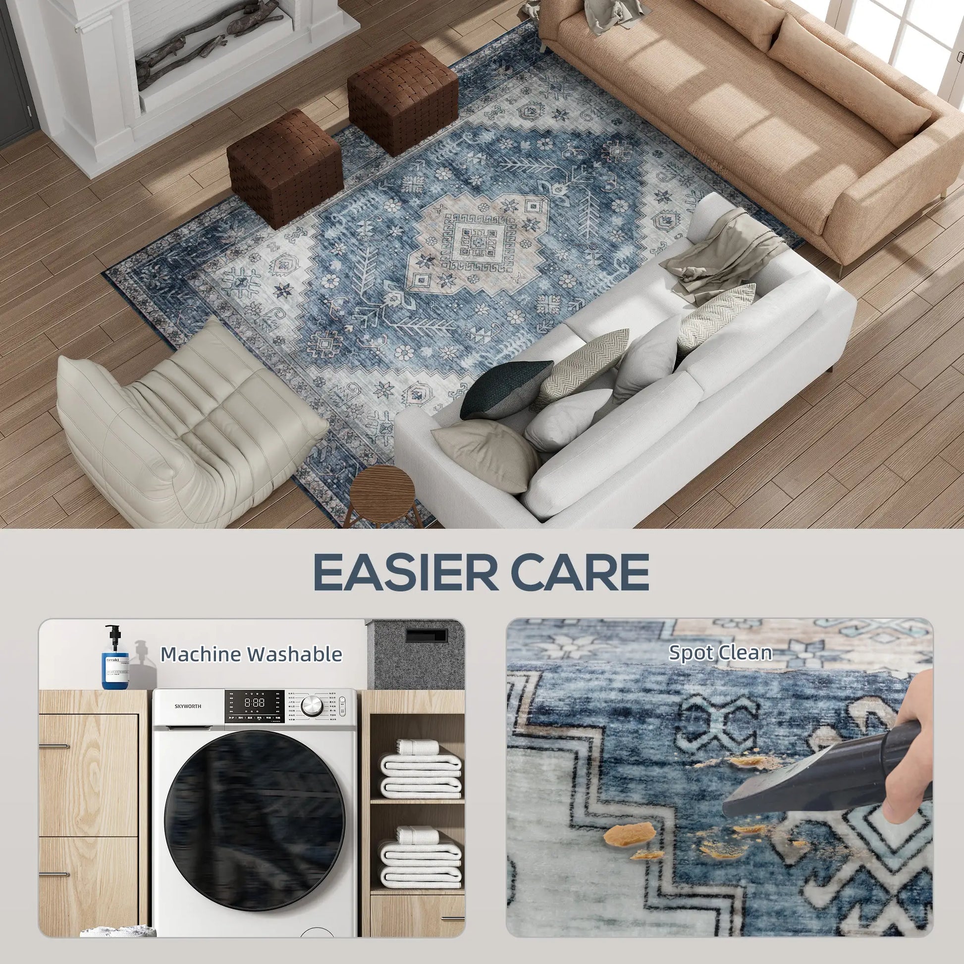 5x7 Area Rug, Vintage Washable, Non-Slip, Living Room, Bedroom, Blue Living Room Furniture at Gallery Canada