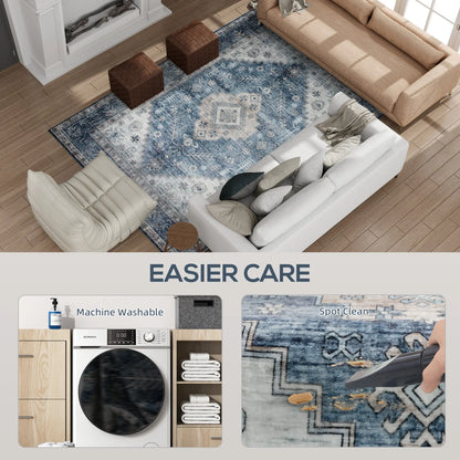 5x7 Area Rug, Vintage Washable, Non-Slip, Living Room, Bedroom, Blue Living Room Furniture at Gallery Canada