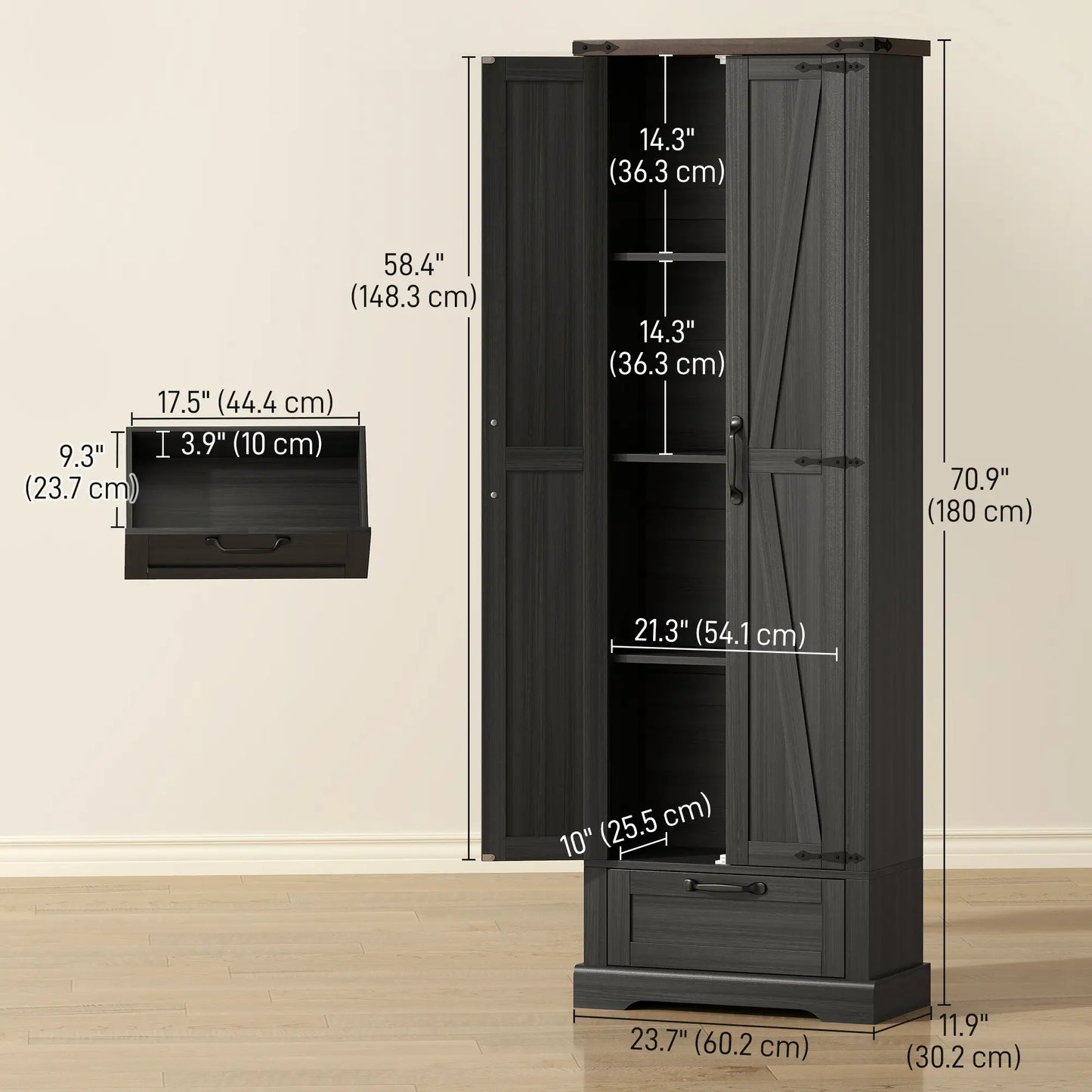 71 Inch Pantry Cabinet, Kitchen Storage with Adjustable Shelves, 2 Doors, Drawer, Black Kitchen Pantry Cabinets at Gallery Canada