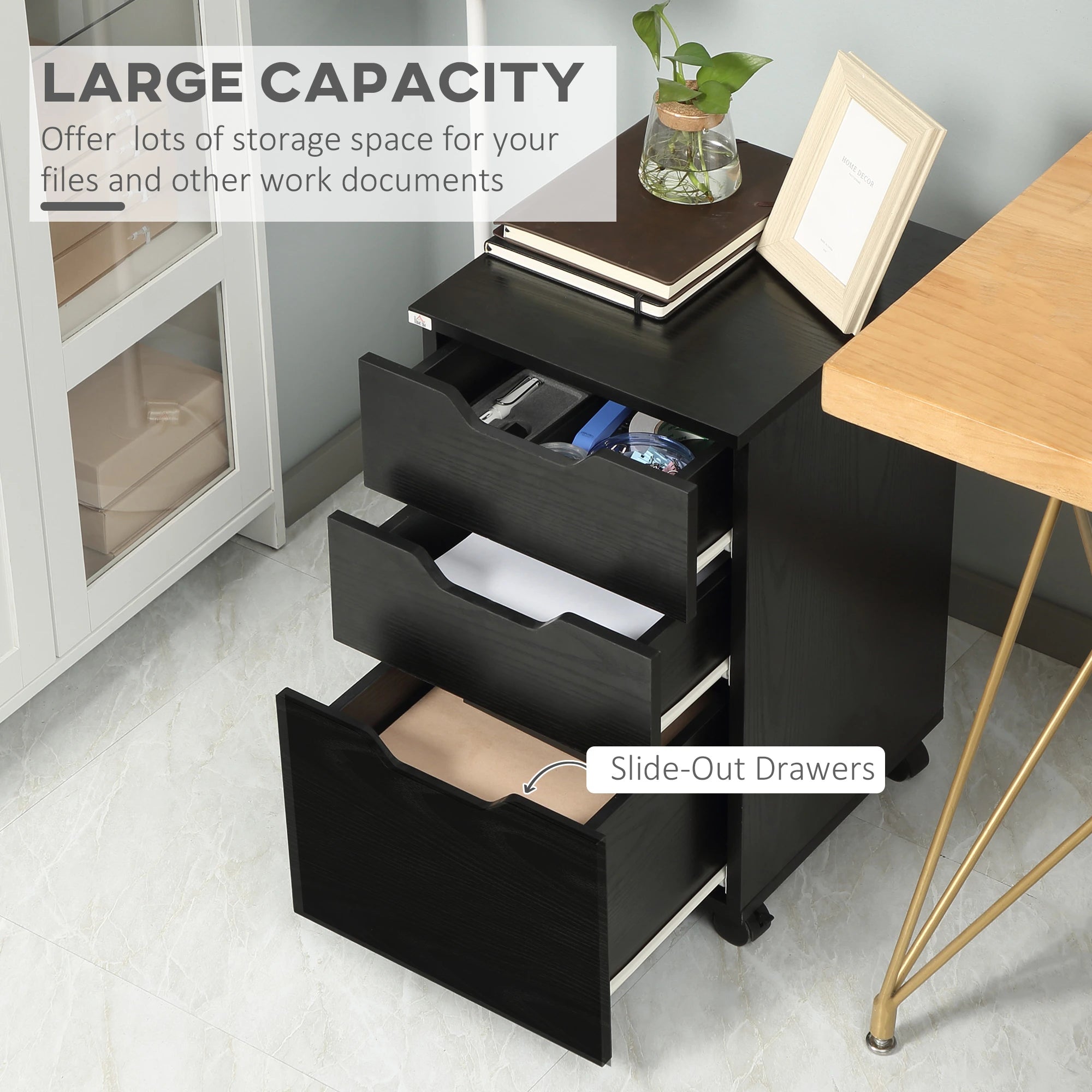 3 Drawer Vertical Filing Cabinet, Mobile Under Desk Storage, Wood Grain, Black Office Cabinets & Cupboards at Gallery Canada