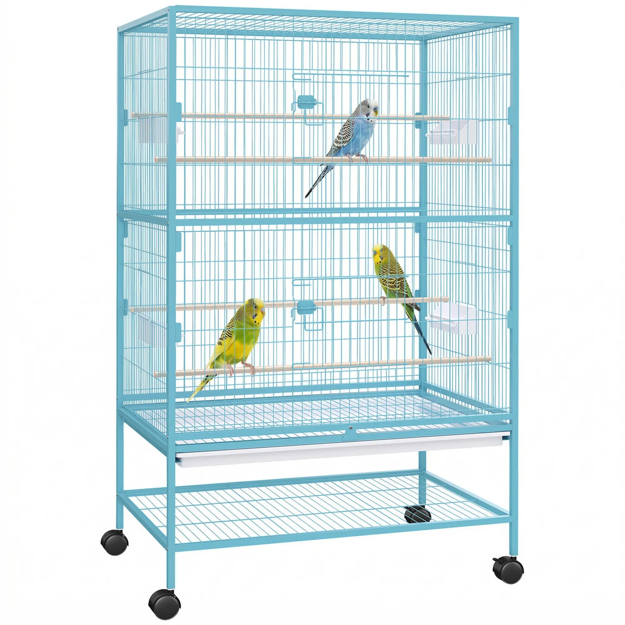 52'' Large Rolling Steel Bird Cage Bird House with Rolling Stand, Storage Shelf, Wood Perch, Food Container, Light Blue Bird Cages at Gallery Canada