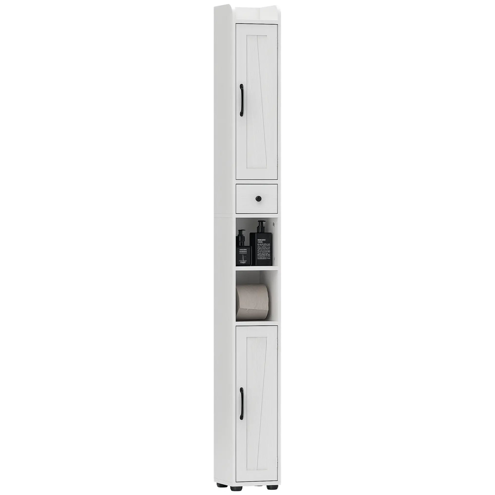 Narrow Bathroom Cabinet, Tall Storage with Barn Doors, Drawer, Adjustable Shelves, Wood Grain, White Bathroom Cabinets at Gallery Canada