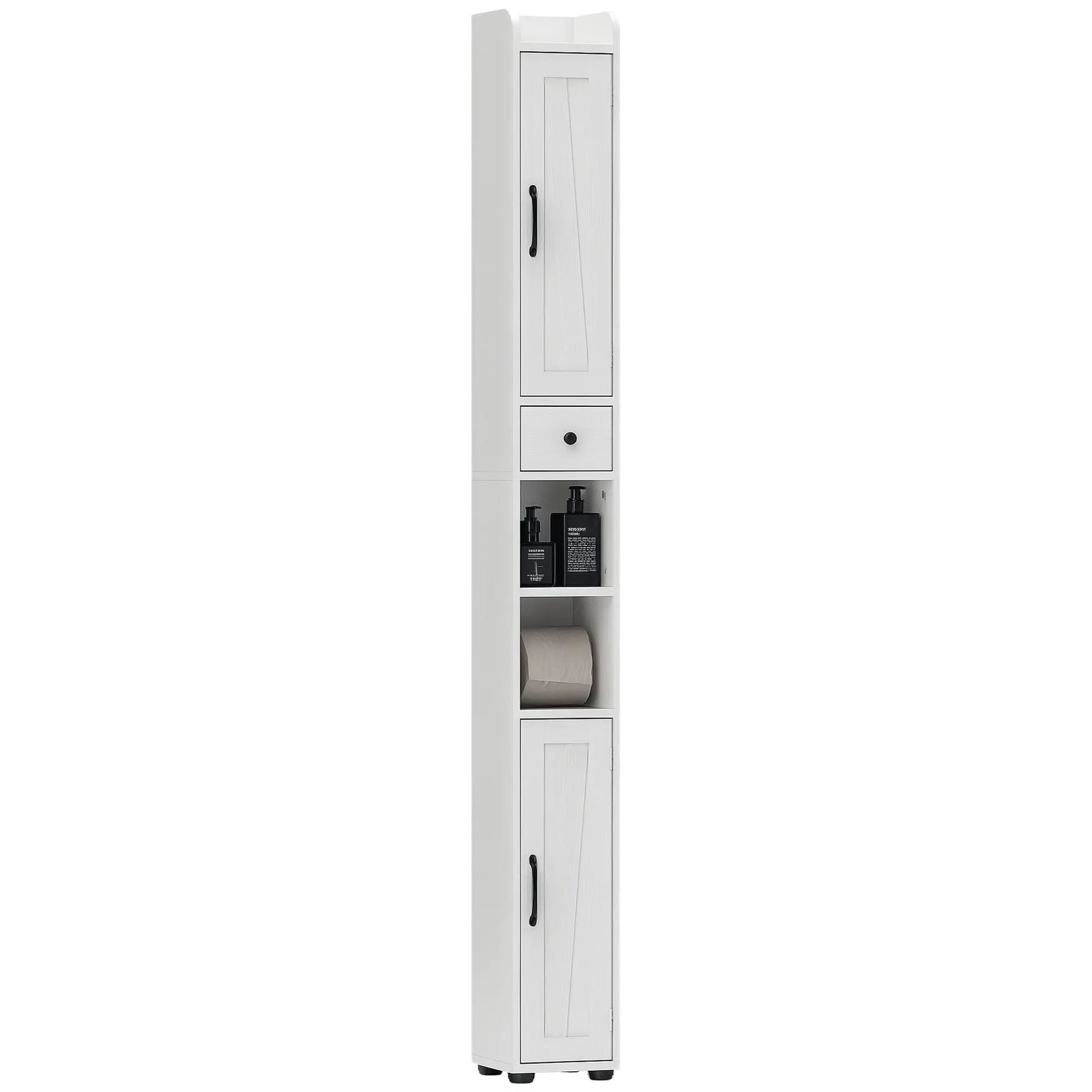 Narrow Bathroom Cabinet, Tall Storage with Barn Doors, Drawer, Adjustable Shelves, Wood Grain, White Bathroom Cabinets at Gallery Canada
