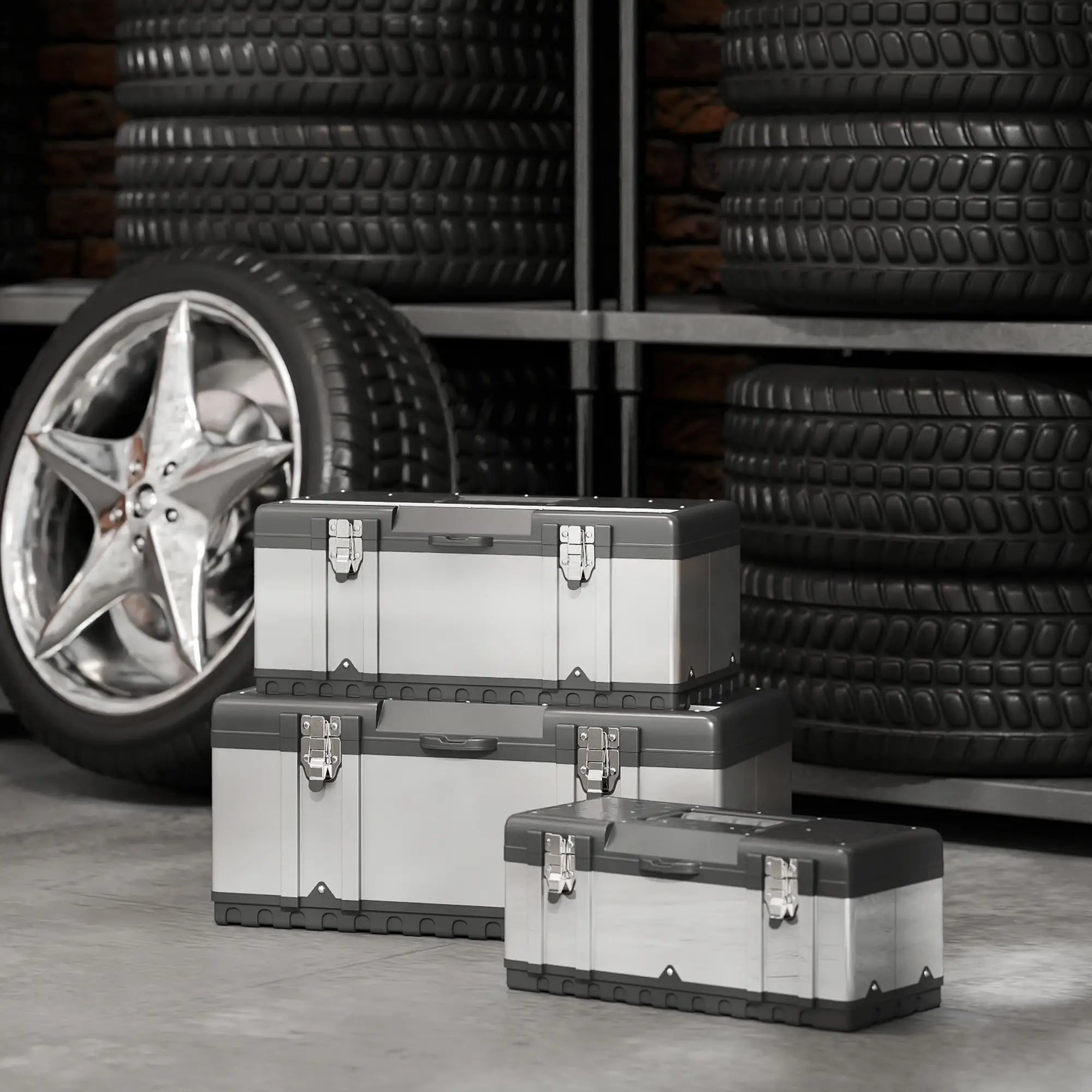 3 Pc Stainless Steel Tool Box Set, With Tray, Handles, Latches Tool Organizers at Gallery Canada