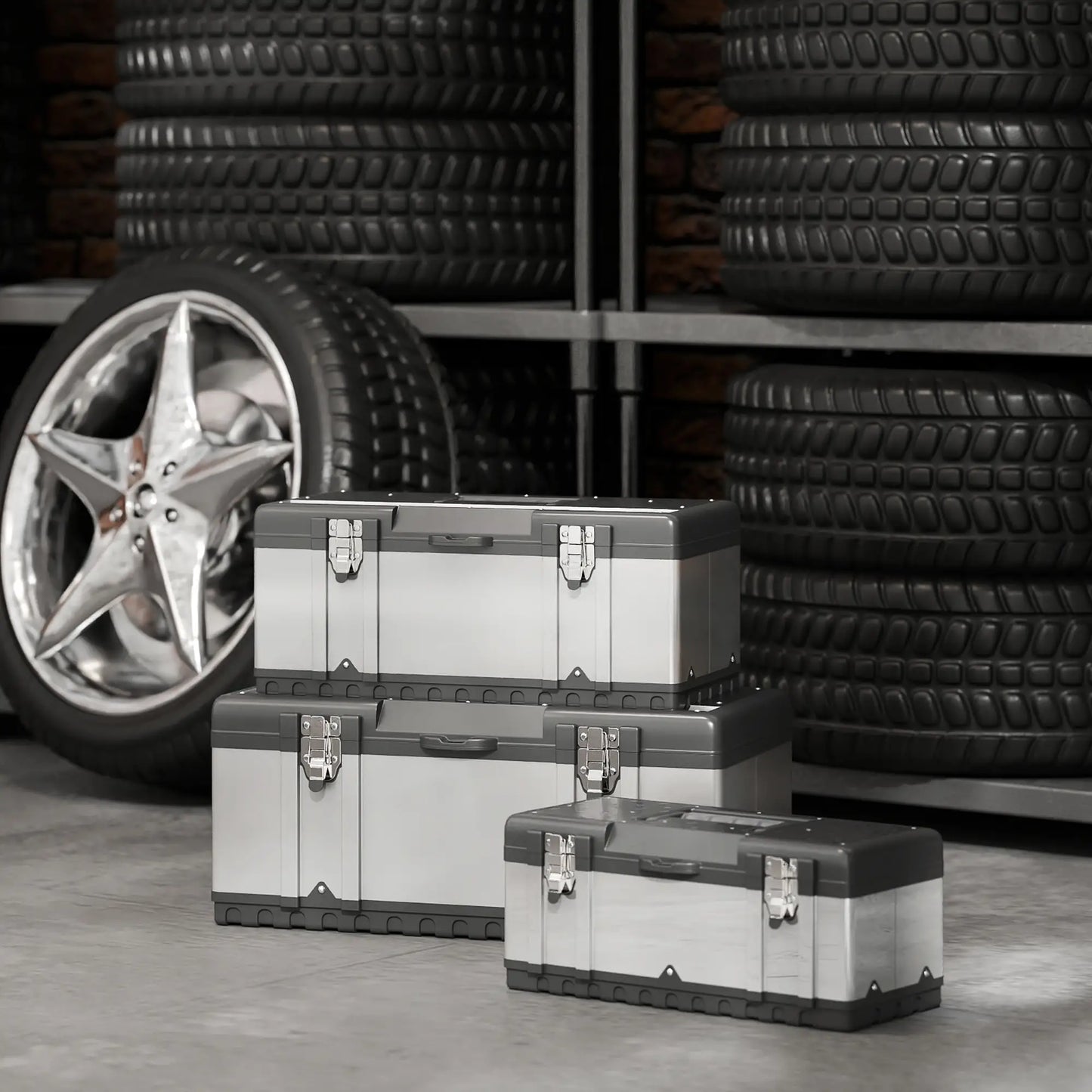 3 Pc Stainless Steel Tool Box Set, With Tray, Handles, Latches Tool Organizers at Gallery Canada