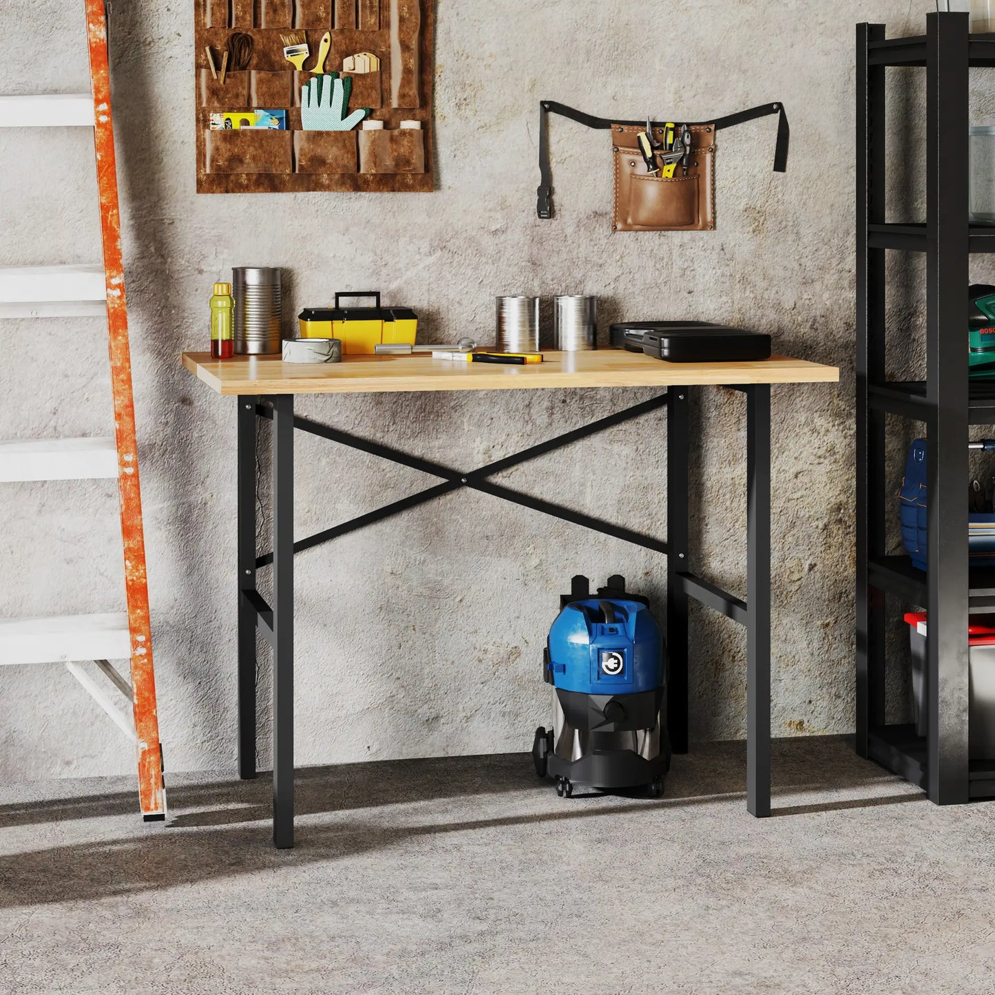 46" Workbench Table, Oak Wood Top, Heavy-Duty Steel, Natural Wood Potting Benches & Tables at Gallery Canada