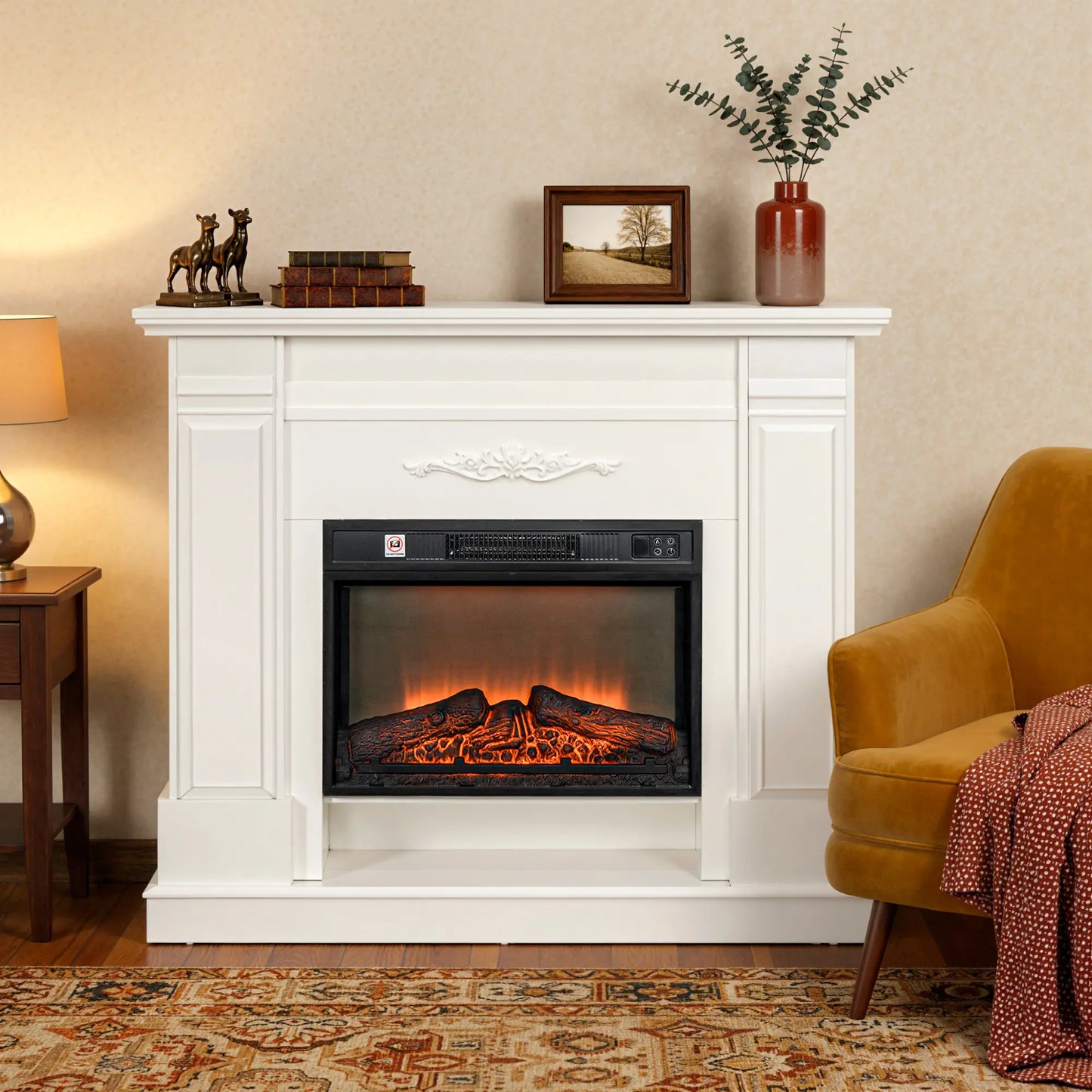 46" Electric Fireplace with Mantel, 1400W Heater, Realistic Flame, White Electric Fireplaces at Gallery Canada