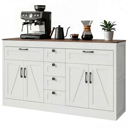 55" Sideboard Buffet Cabinet, Farmhouse Kitchen With Barn Doors, White Bar Cabinets White at Gallery Canada