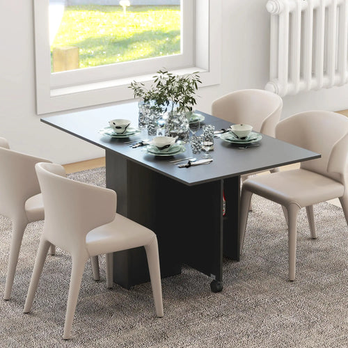 Foldable Dining Table, Storage Shelves, Drop Leaf, Rolling Wheel