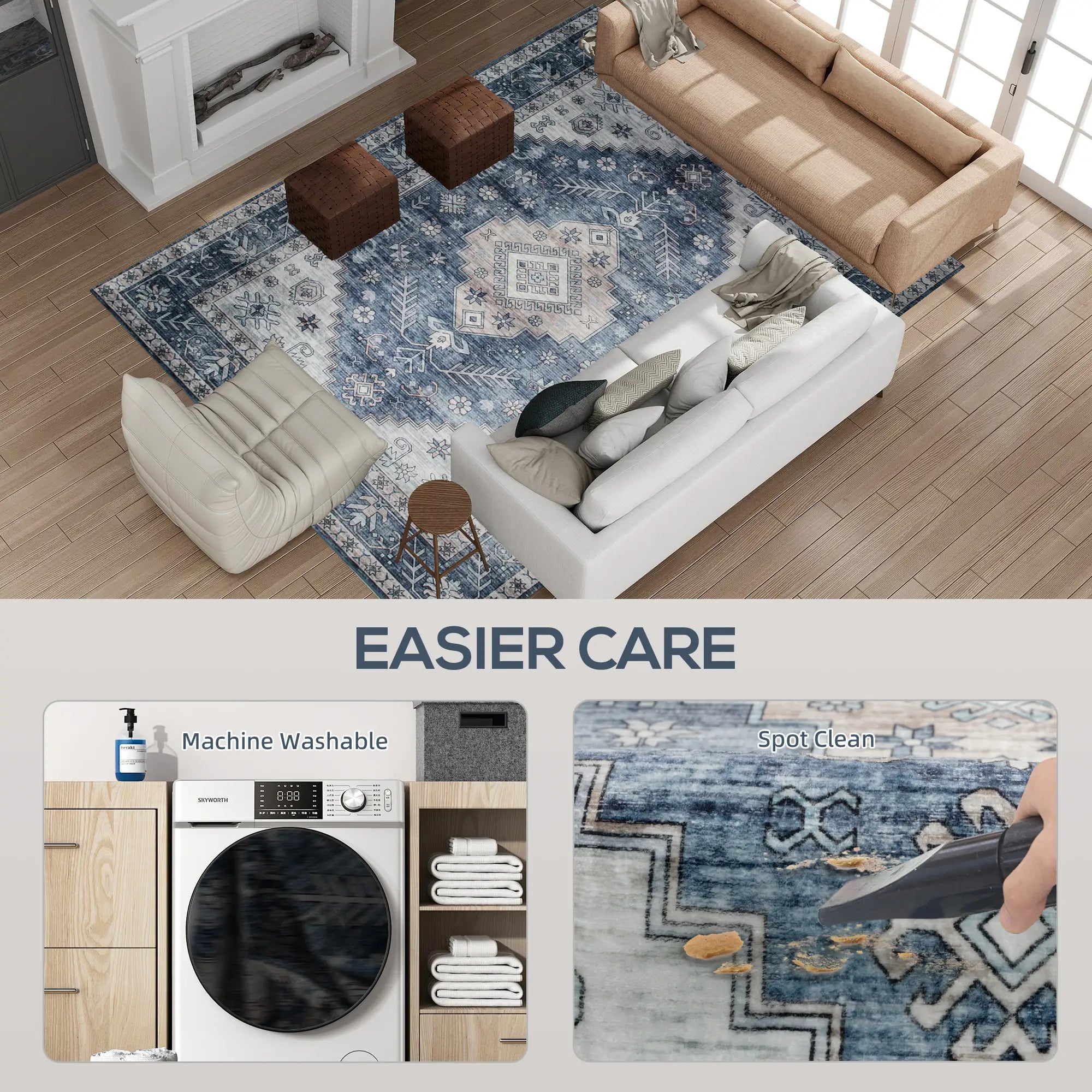 8x10 Vintage Washable Non-Slip Rug, for Living Room, Blue Living Room Furniture at Gallery Canada