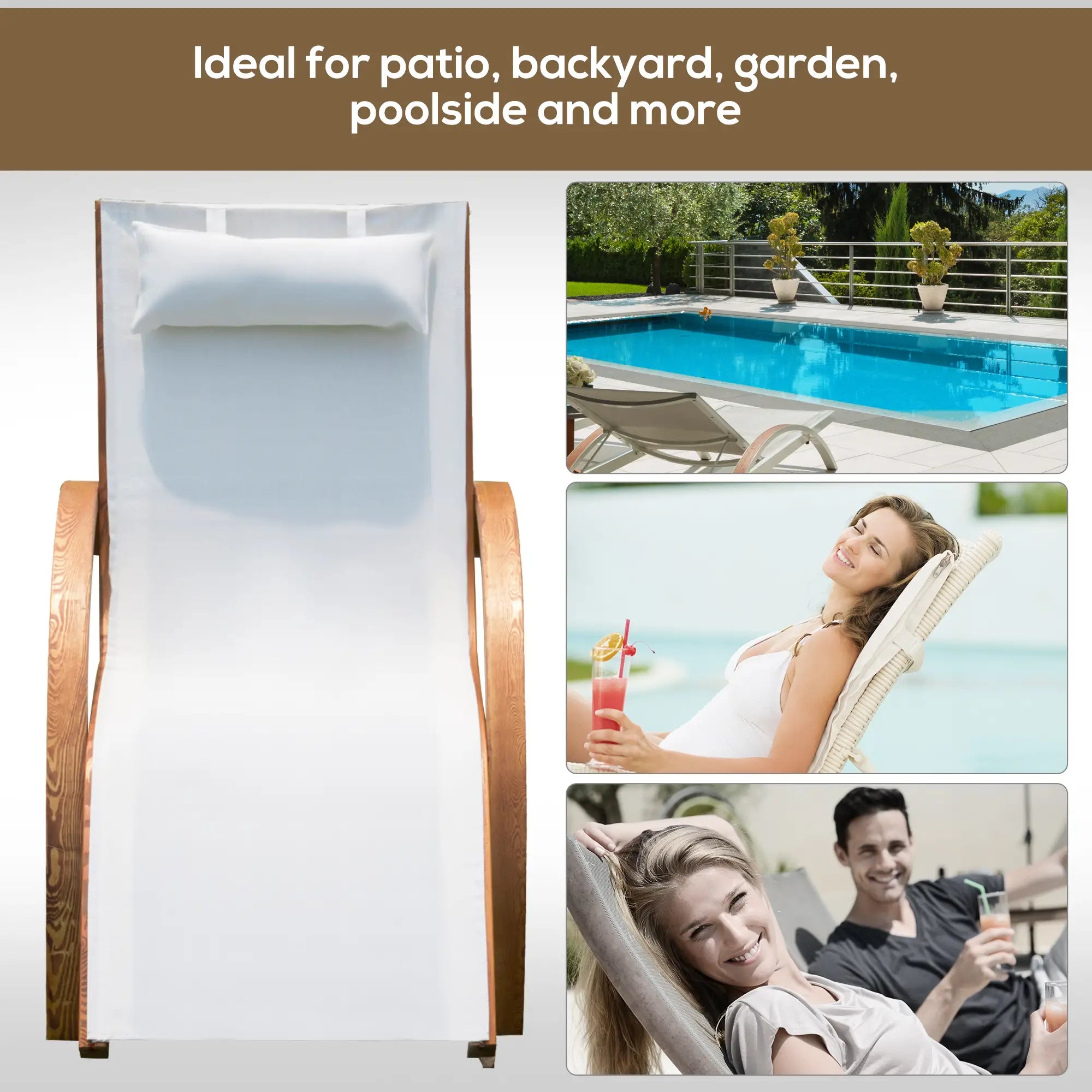 Outdoor Wood Sling Chaise Lounge, Garden Mesh Lounger, Cream Lounger Chairs at Gallery Canada