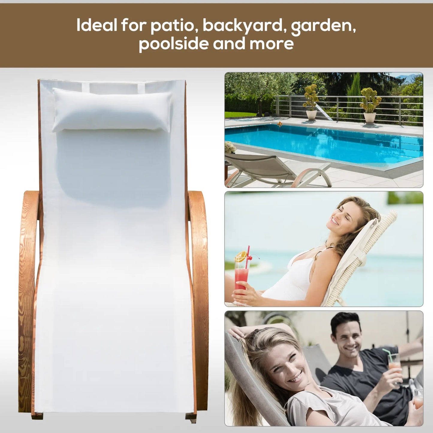 Outdoor Wood Sling Chaise Lounge, Garden Mesh Lounger, Cream Lounger Chairs at Gallery Canada