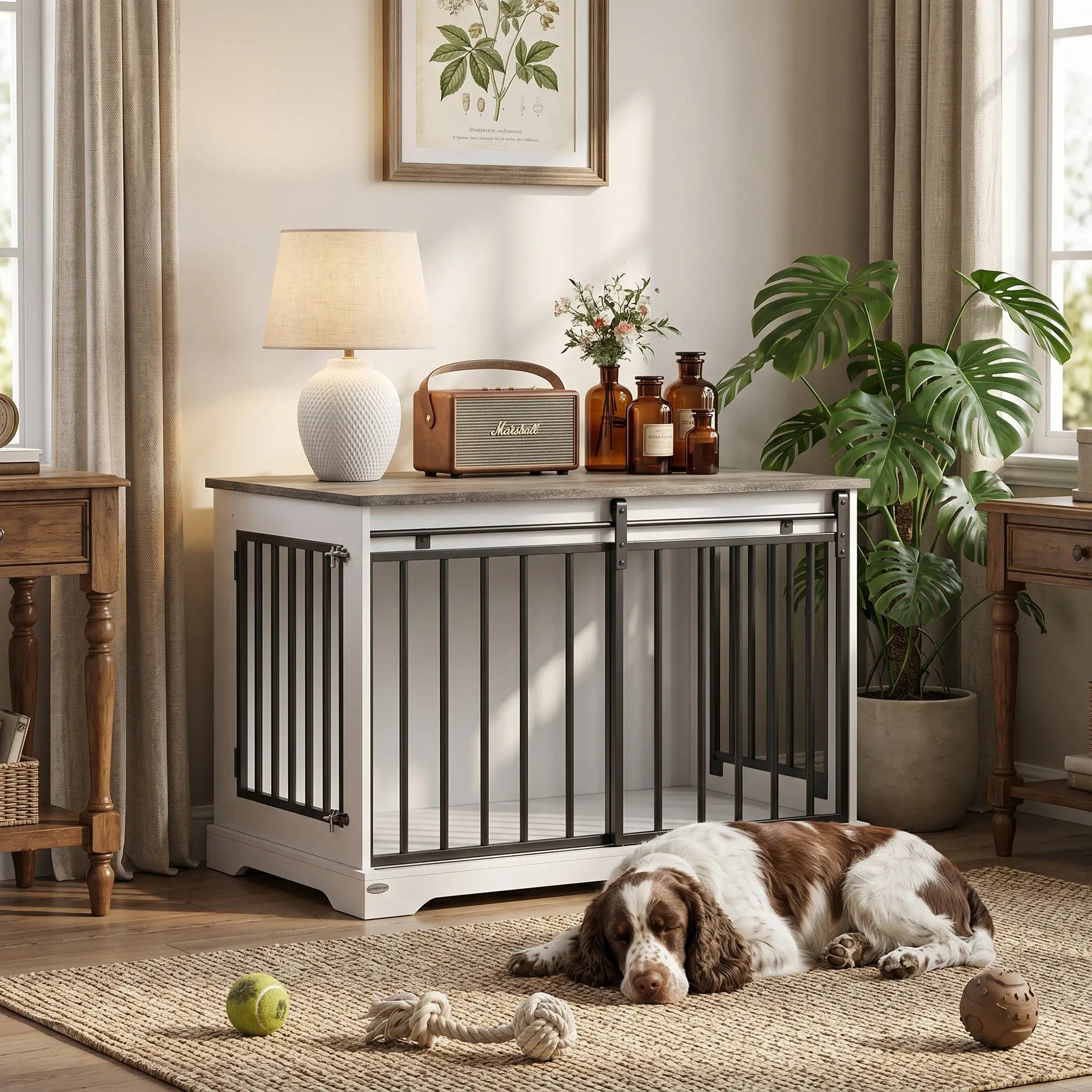 Dog Crate Furniture 100 cm, Sliding Barn Door, Large Breeds, White Dog Cages & Crates at Gallery Canada