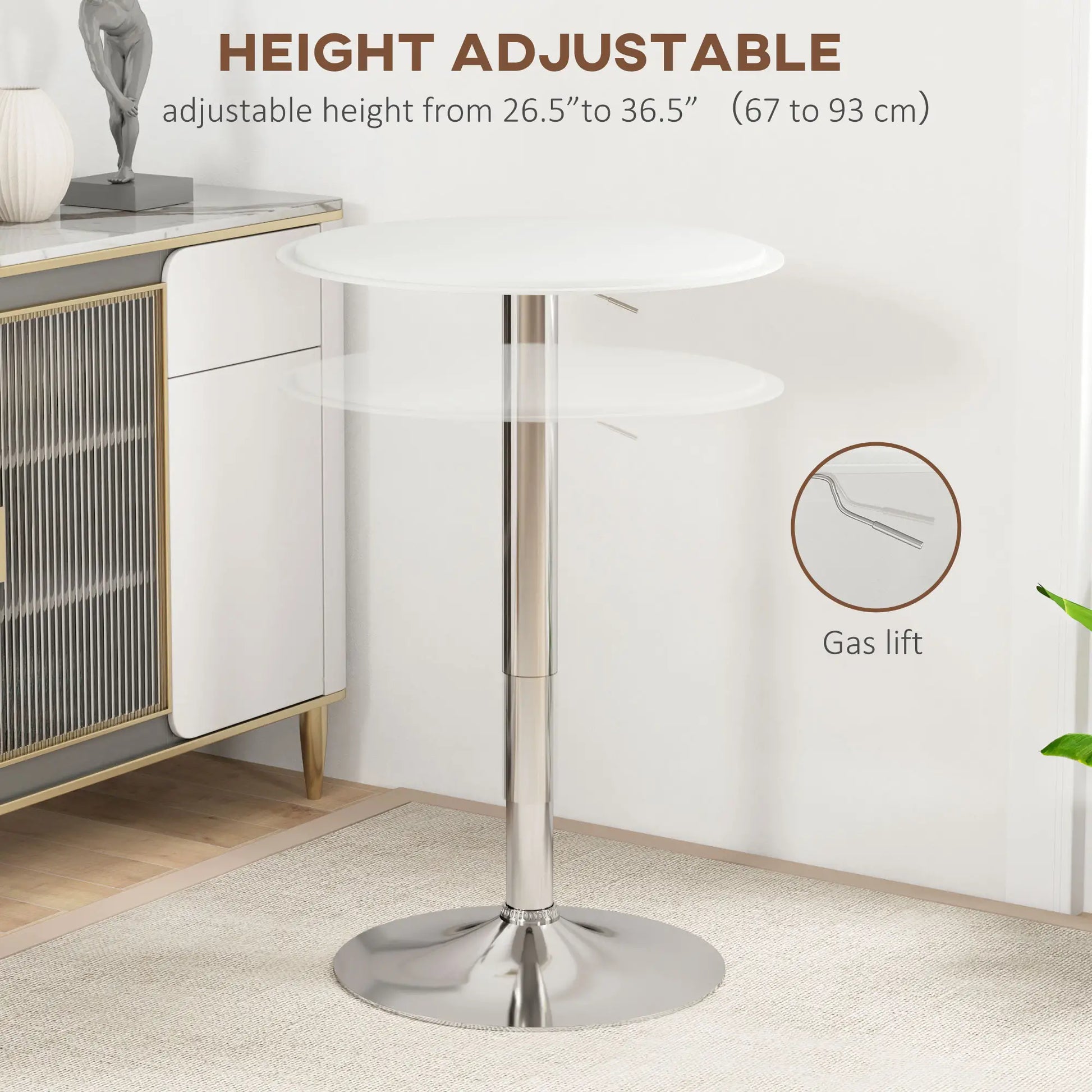 Round Bar Table, Adjustable Height, Faux Leather, Wooden Top, Chrome Base, White Bar Tables & Dining Tables at Gallery Canada