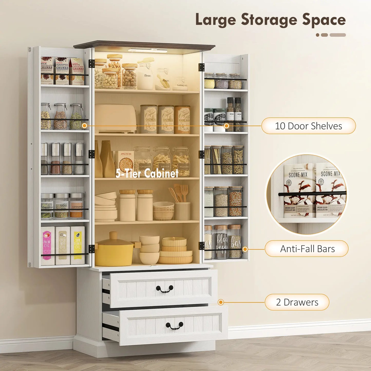 72" LED Kitchen Pantry Cabinet, 10 Door Shelves, 2 Drawers, White Kitchen Pantry Cabinets at Gallery Canada