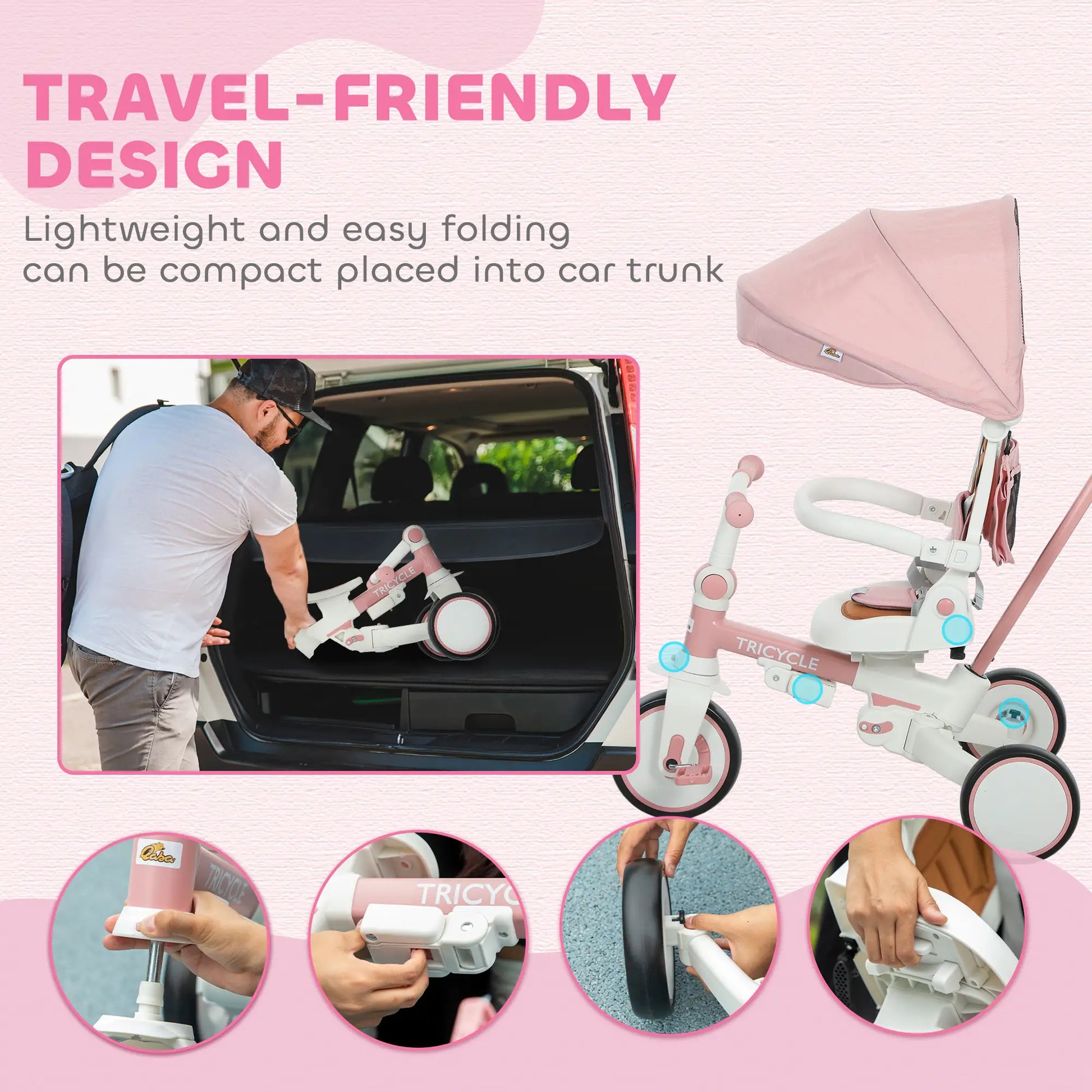 7 in 1 Toddler Tricycle, Safety Harness, Adjustable Parent Handle, Pink Tricycles for Kids at Gallery Canada