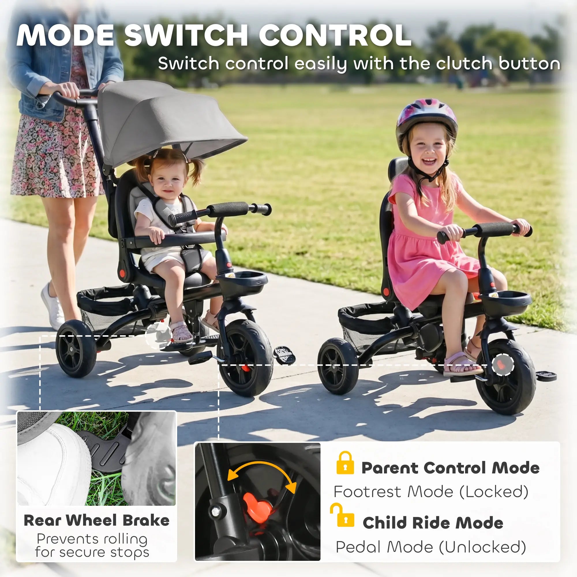 Toddler Tricycle, 4 in 1 Kids Trike, Adjustable Seat, Removable Handle, Grey Tricycles for Kids at Gallery Canada