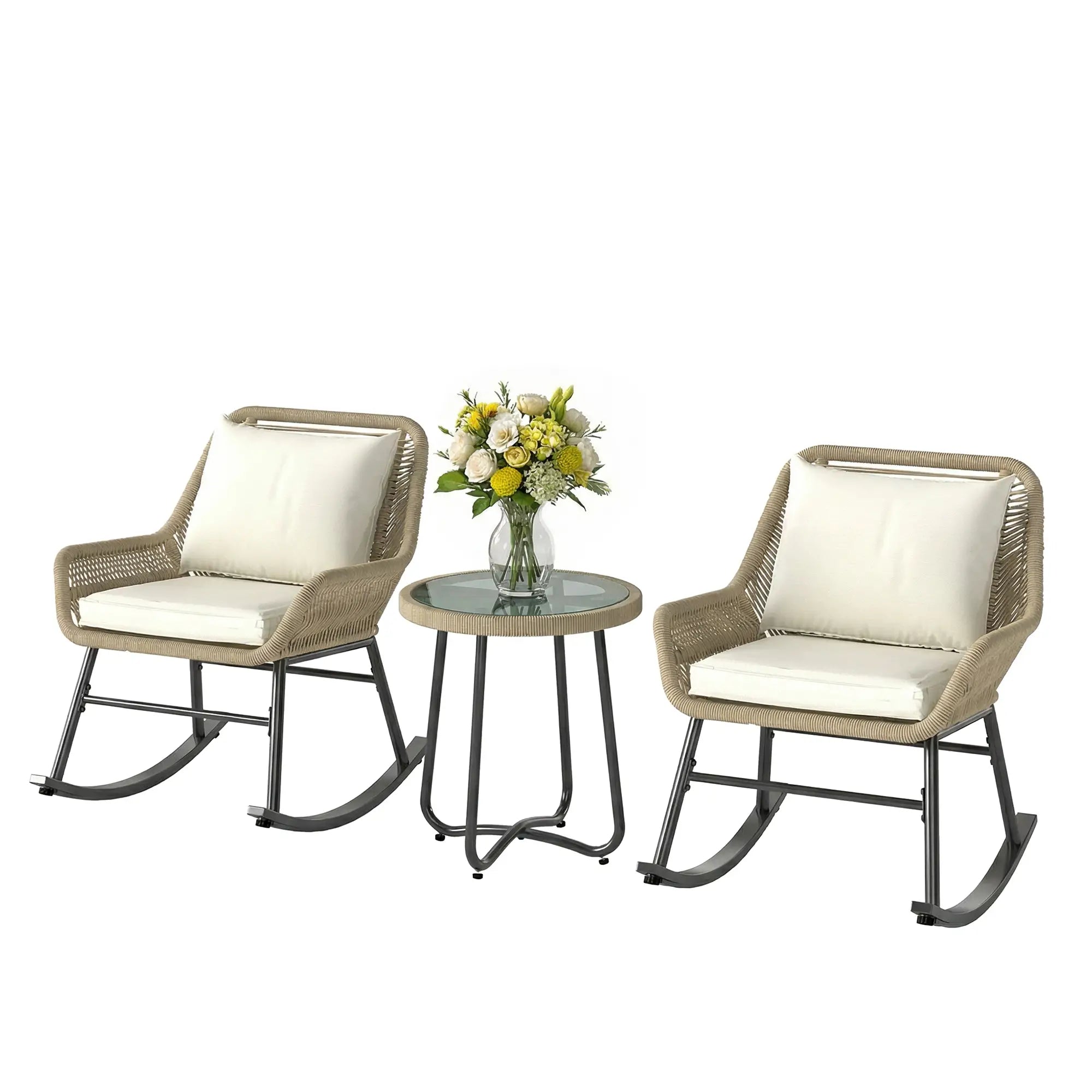 3 Piece Rocking Bistro Set with Cushions, Glass Table, Cream White, Cream White Bistro Sets Beige, Cream White, Black at Gallery Canada
