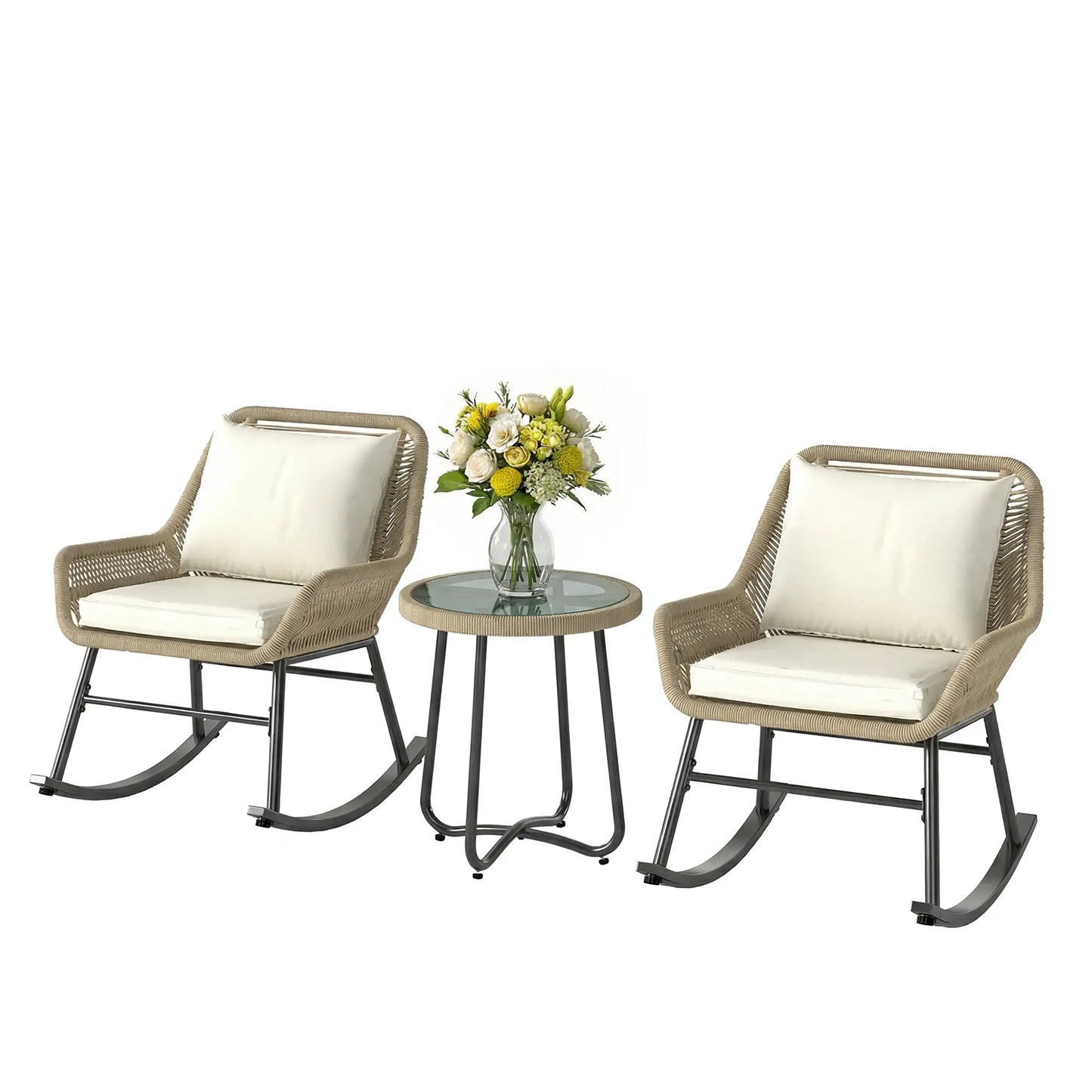 3 Piece Rocking Bistro Set with Cushions, Glass Table, Cream White, Cream White Bistro Sets Beige, Cream White, Black at Gallery Canada