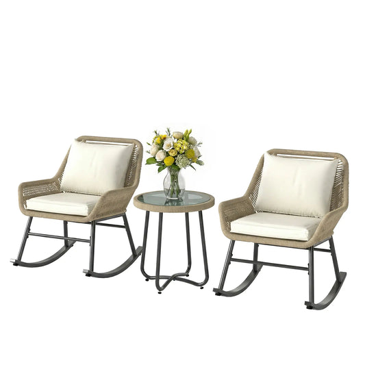 3 Piece Rocking Bistro Set with Cushions, Glass Table, Cream White, Cream White Bistro Sets Beige, Cream White, Black at Gallery Canada