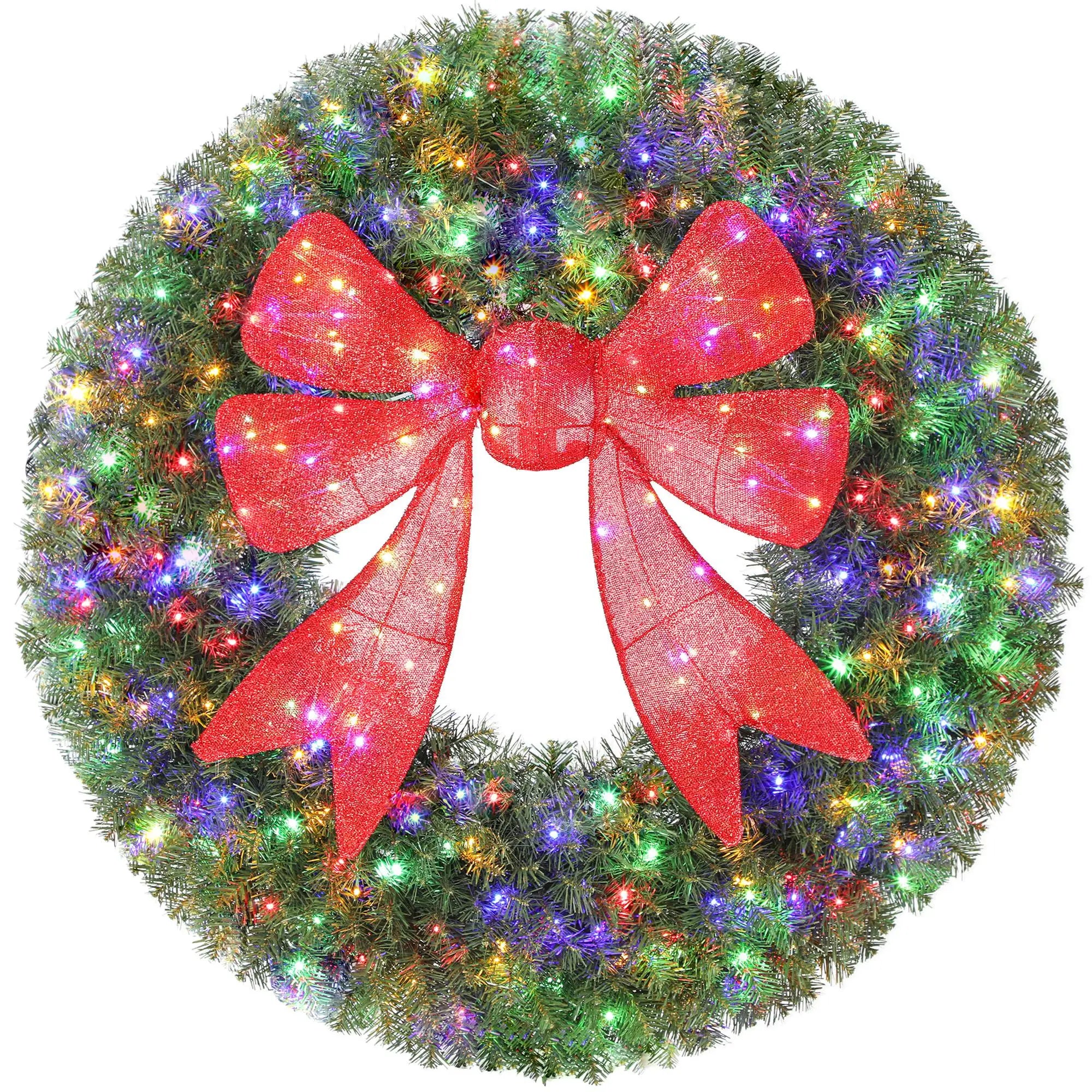 36in Pre-Lit Christmas Wreath, 3D Red Bow, 11 Lighting Modes, Remote, Red Christmas Wreaths at Gallery Canada