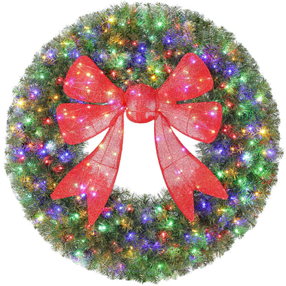36in Pre-Lit Christmas Wreath, 3D Red Bow, 11 Lighting Modes, Remote, Red Christmas Wreaths at Gallery Canada