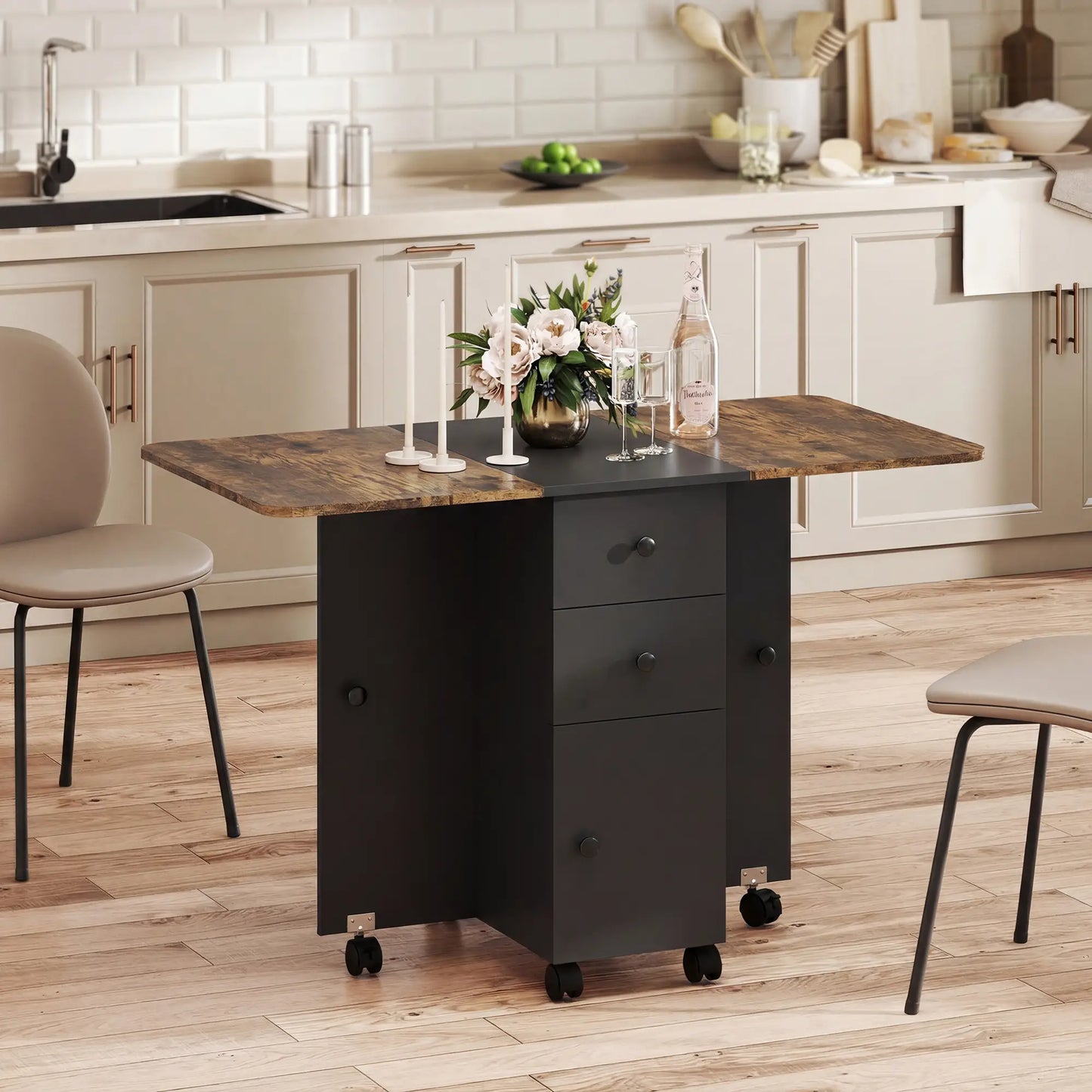 Drop Leaf Dining Table On Wheels With Drawers, Rustic Brown And Black, Brown, Black Dining Tables at Gallery Canada