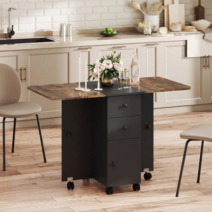 Drop Leaf Dining Table On Wheels With Drawers, Rustic Brown And Black, Brown, Black Dining Tables at Gallery Canada