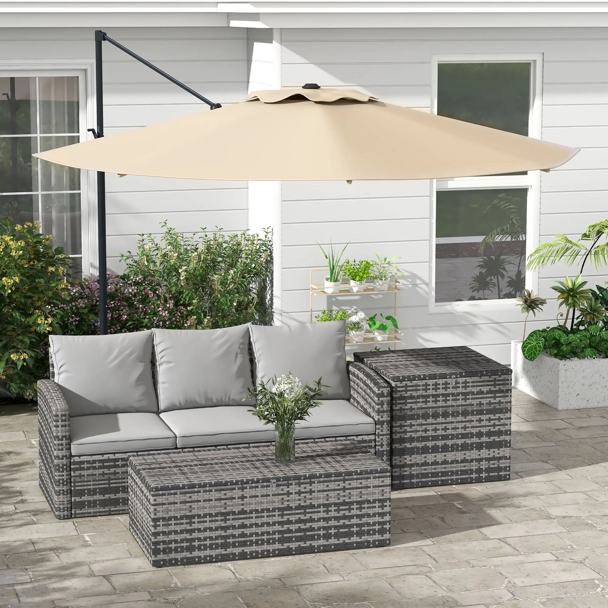 10 FT Cantilever Umbrella, Aluminum, 360° Rotation, Crank, Tilt, Khaki Cantilever Umbrellas at Gallery Canada