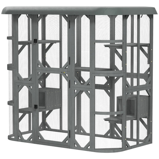 71" Wooden Cat Enclosure, With Platforms And Condos, Grey Outdoor Cat Enclosures Grey at Gallery Canada