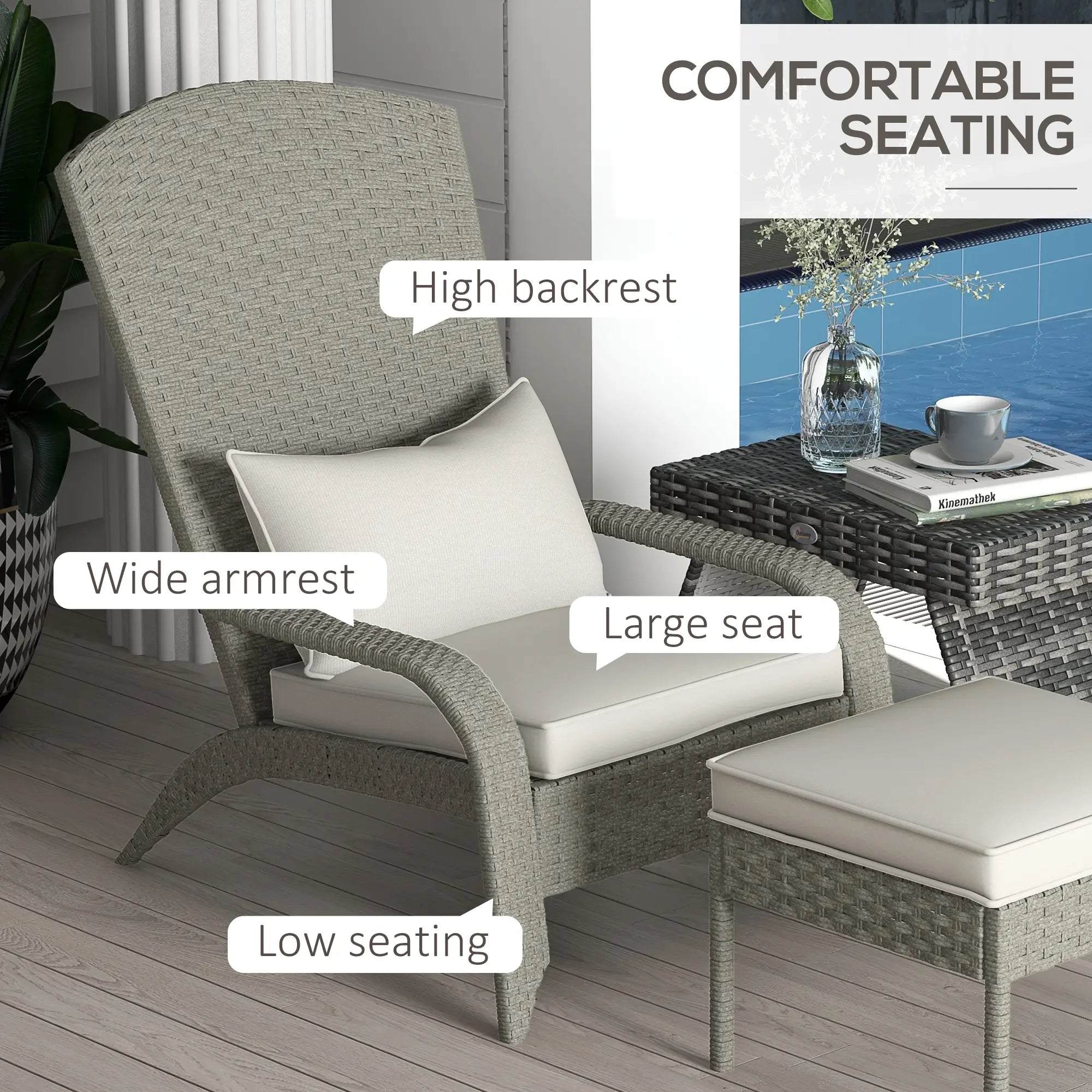 Wicker Adirondack Chair with Ottoman, Grey/Cream White Patio Chairs at Gallery Canada