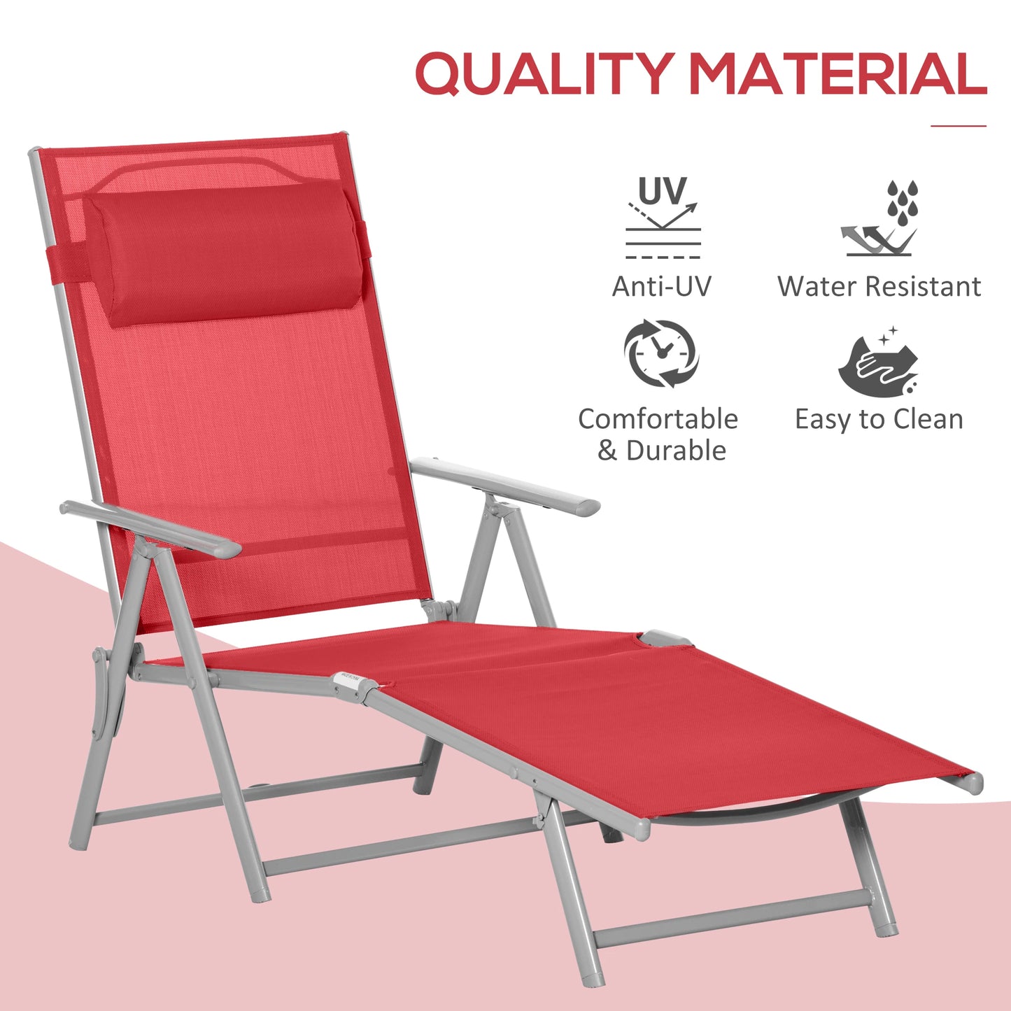 Outdoor Folding Chaise Lounge, Steel Recliner, 7 Adjustable Positions, Red Lounger Chairs at Gallery Canada