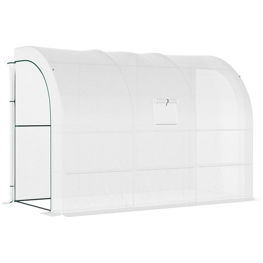 Walk-in Wall Lean-to Greenhouse, 10' x 5' x 7' Outdoor Gardening Green House with PE Cover, Windows, Shelves and 2 Zipper Doors, White - Gallery Canada