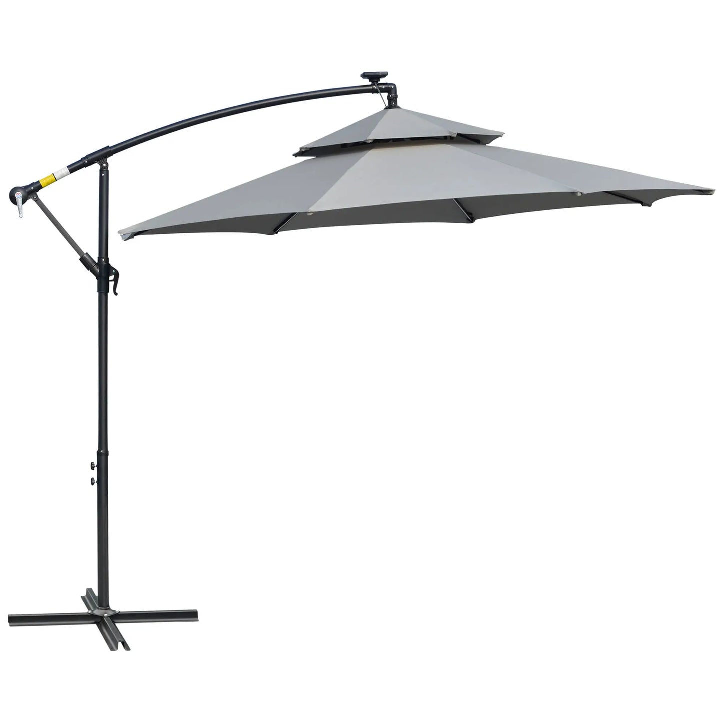 10FT Solar Cantilever Patio Umbrella with Lights, Crank, Cross Base, Light Grey Cantilever Umbrellas at Gallery Canada