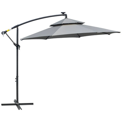 10FT Solar Cantilever Patio Umbrella with Lights, Crank, Cross Base, Light Grey Cantilever Umbrellas at Gallery Canada