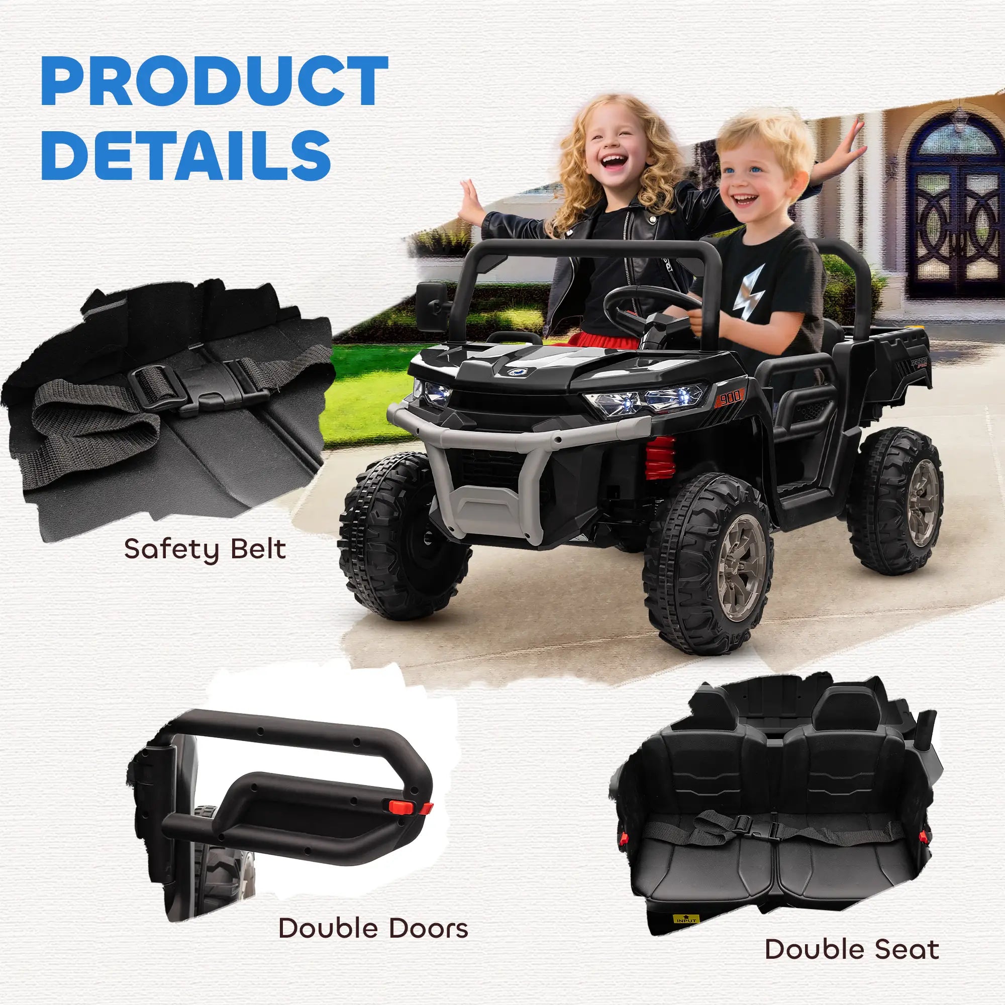 12V Ride On Car, Two-Seater, Electric Bucket, Shovel, Remote Control, Black Electric Toy Cars at Gallery Canada