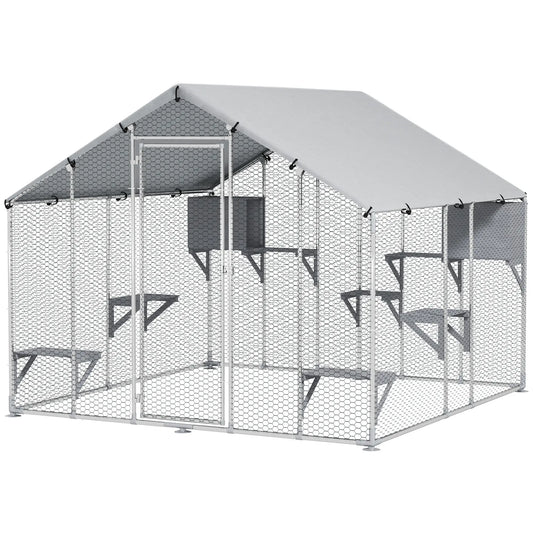 94.5" Large Metal Outdoor Catio, Waterproof Cover, 2 Resting Boxes, 7 Platforms Outdoor Cat Enclosures Silver at Gallery Canada