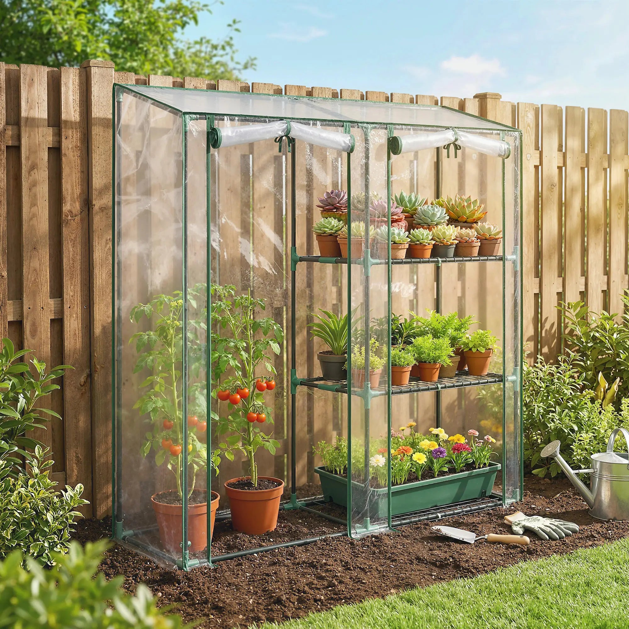 Mini Greenhouse, 3 Shelves, 2 Roll-Up Doors, 56.3