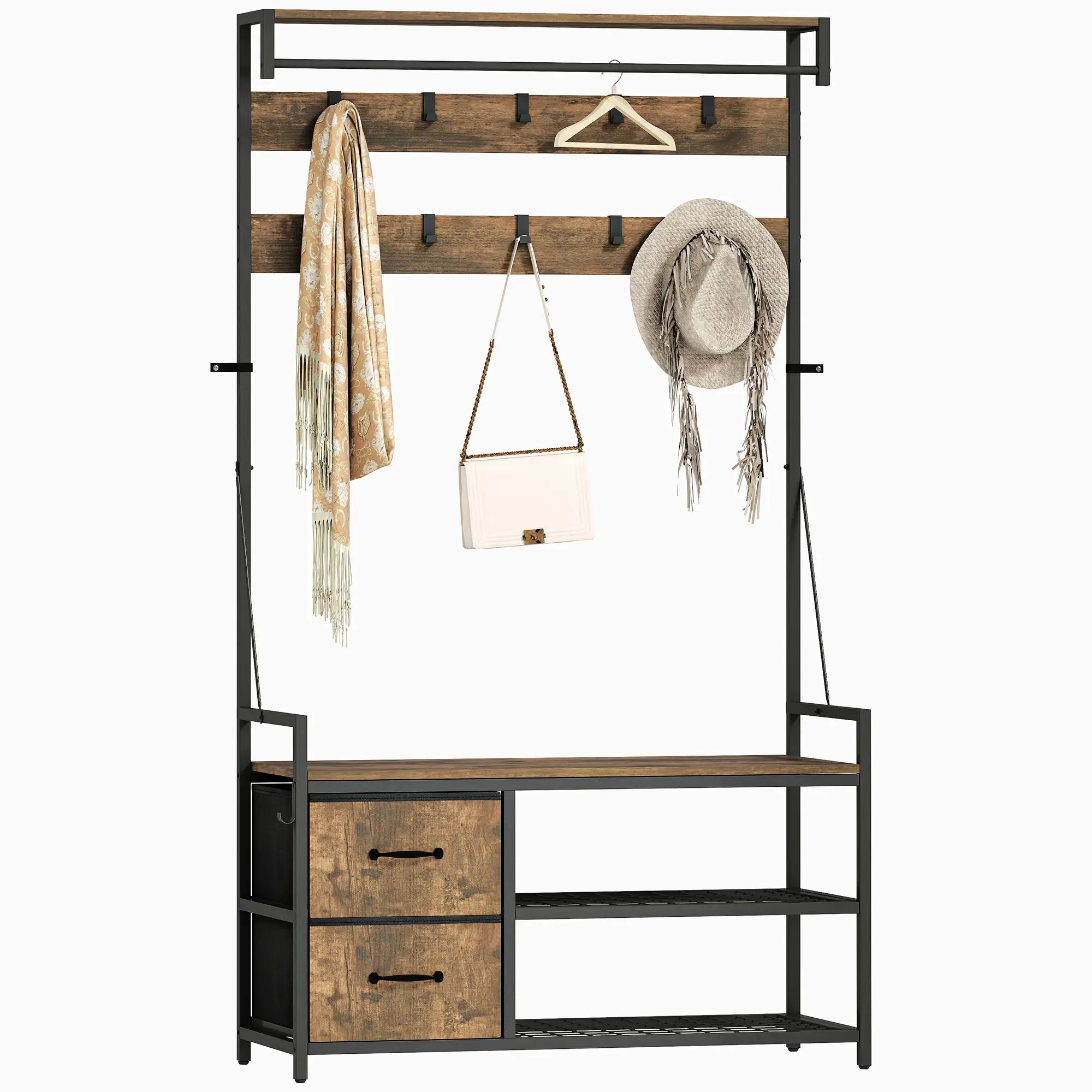 6-In-1 Hall Tree, Bench with Shoe Storage, 10 Hooks, 2 Fabric Drawers, Rustic Brown Clothing Storage at Gallery Canada