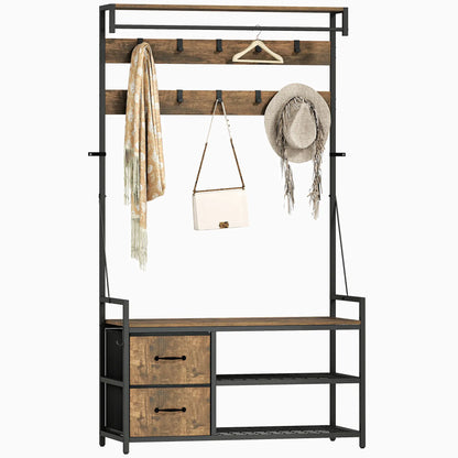 6-In-1 Hall Tree, Bench with Shoe Storage, 10 Hooks, 2 Fabric Drawers, Rustic Brown Clothing Storage at Gallery Canada