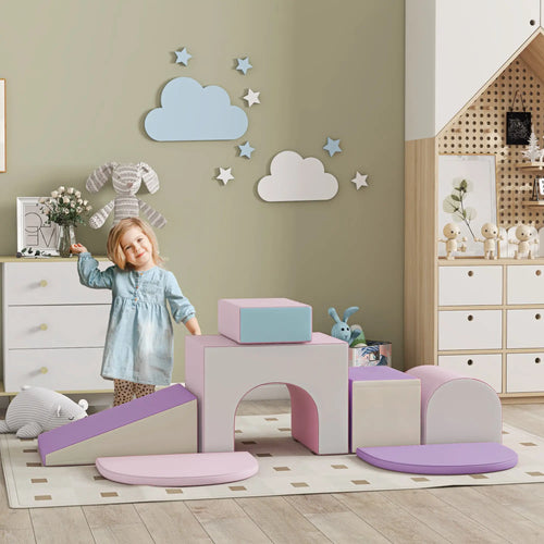 7 Piece Indoor Soft Play Set, Toddler Climb and Crawl, Pink/Purple
