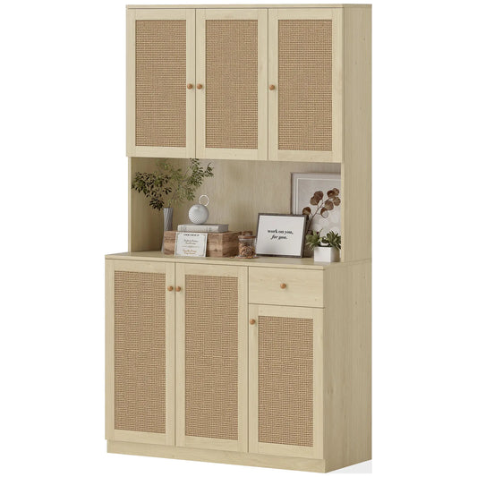 71" Kitchen Hutch with Microwave Countertop, Boho Pantry Cabinet, Rattan Doors, Natural Kitchen Pantry Cabinets Natural at Gallery Canada