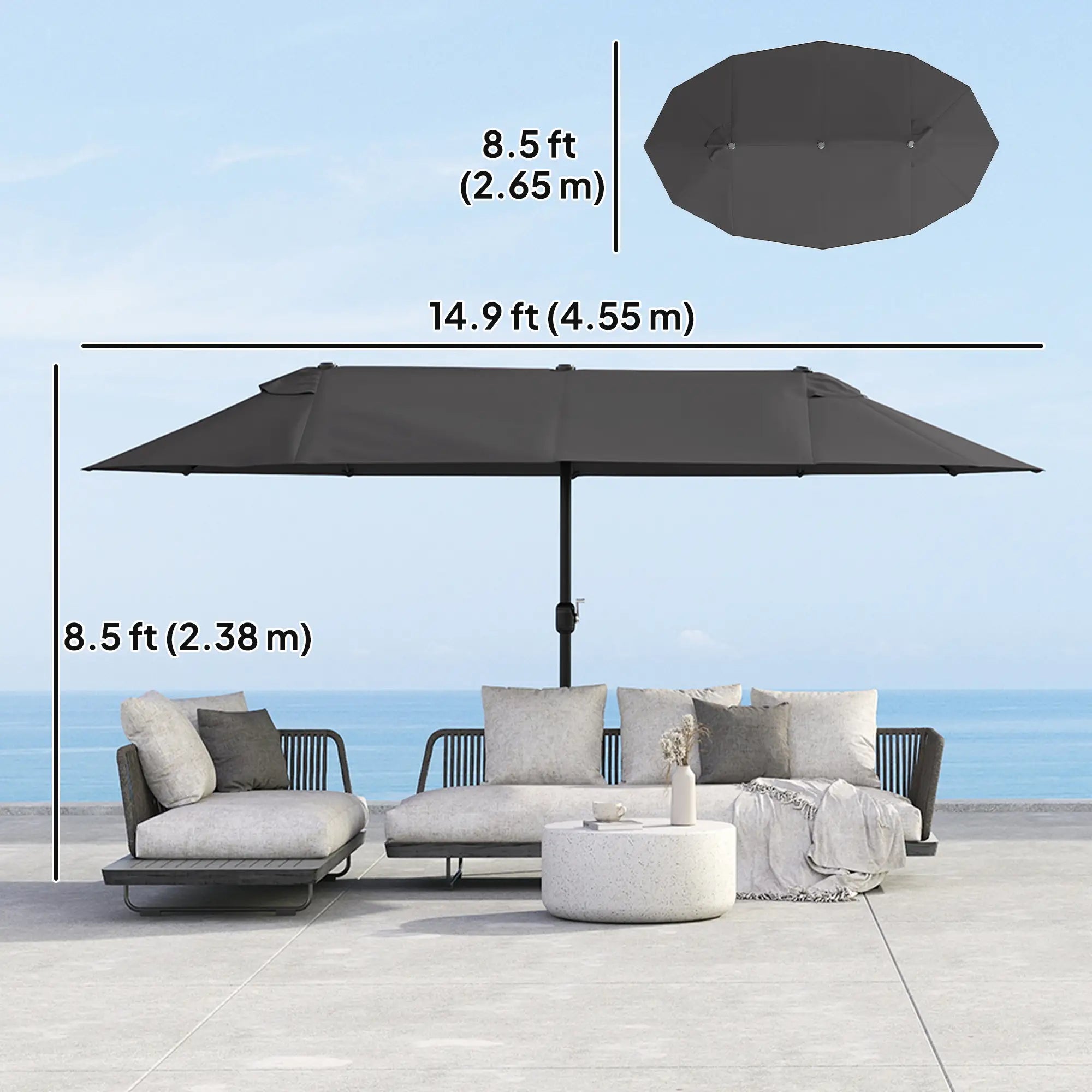 15ft Double-Sided Sun Umbrella, Twin Canopy, Crank, Black Sun Umbrellas at Gallery Canada
