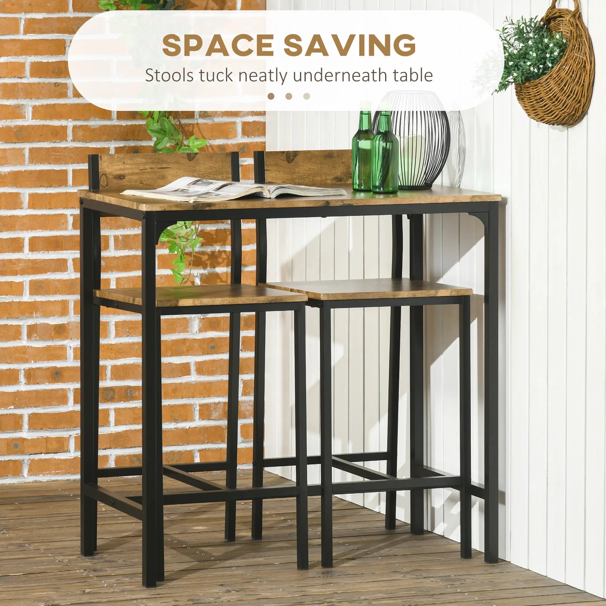 Industrial Bar Table Set, 3 Piece, 2 High Back Stools, Rustic Brown Bar Sets at Gallery Canada