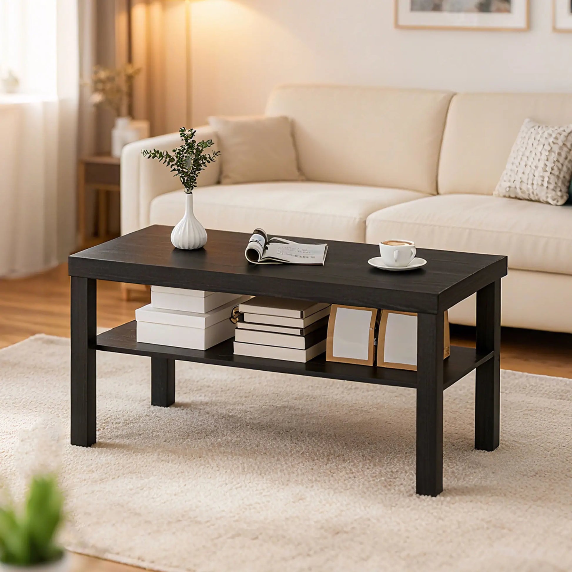 2 Tier Coffee Table, Rectangular Center Table with Storage Shelf, Black Coffee Tables at Gallery Canada
