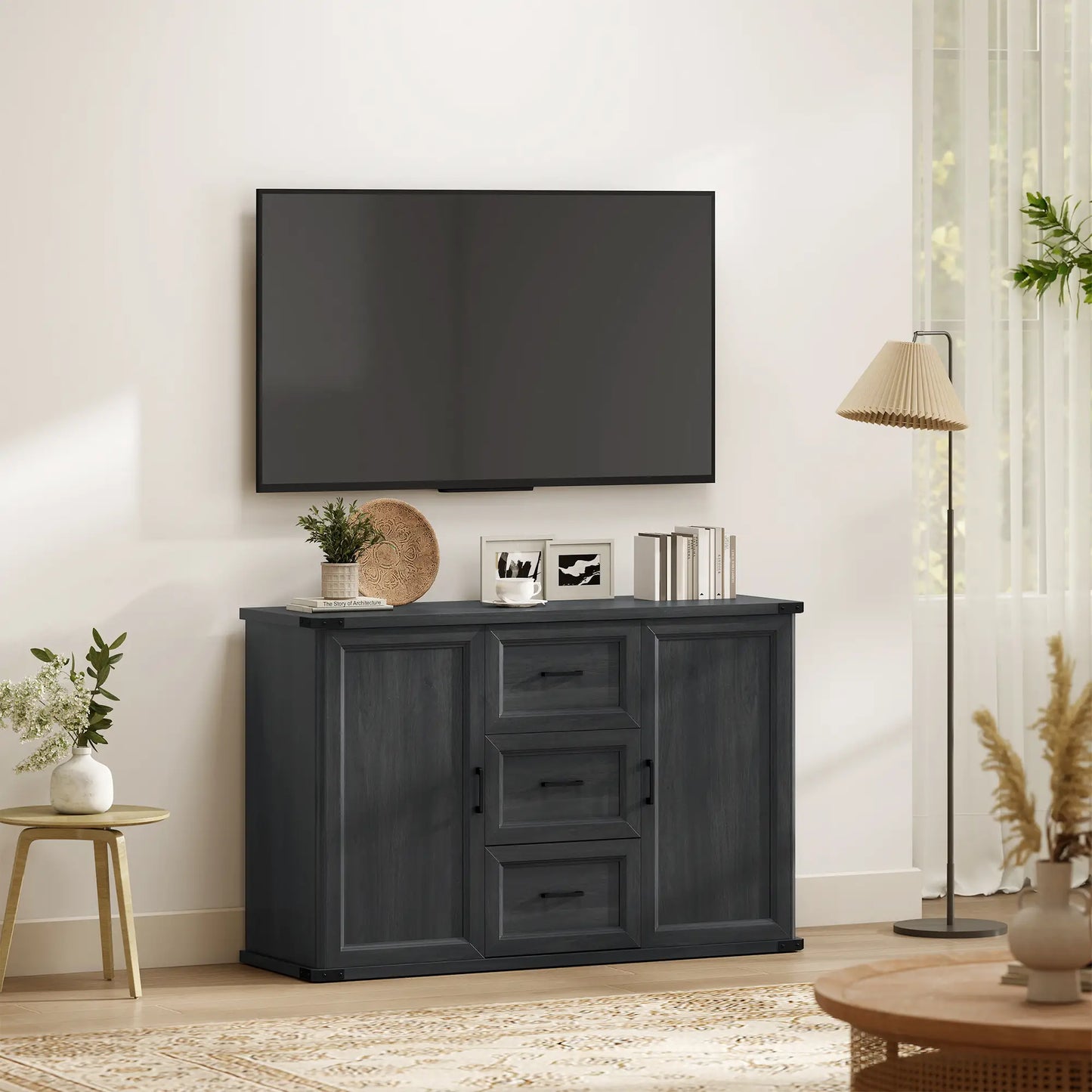 47" Sideboard With 3 Drawers, 2 Doors, Adjustable Shelves, Wood Grain, Black Storage Cabinets at Gallery Canada