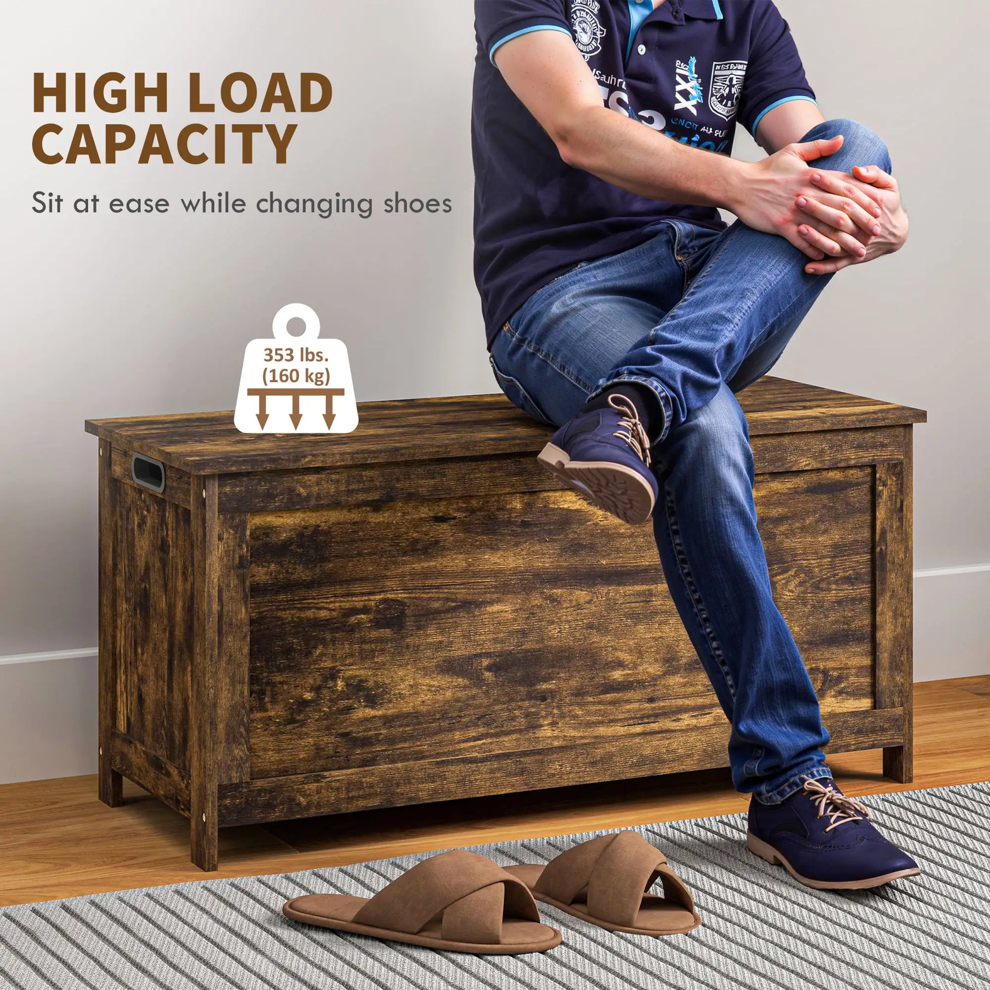 Modern Storage Trunk with Safety Hinges, Entryway Bench, Rustic Brown, Brown Storage Ottomans & Benches at Gallery Canada