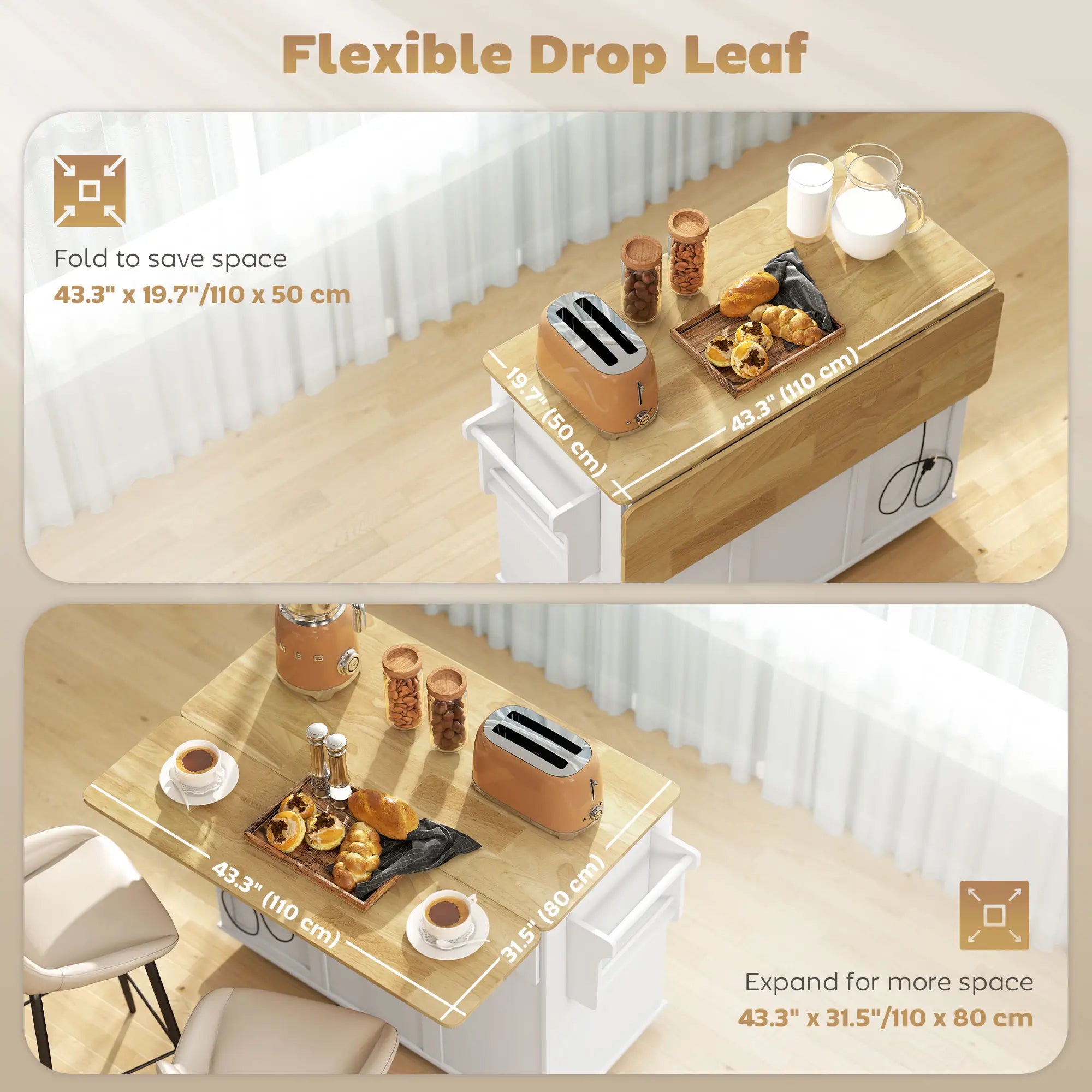 Portable Kitchen Island Cart, Rubber Wood Drop Leaf, Trash Storage, White Kitchen Islands & Kitchen Carts at Gallery Canada