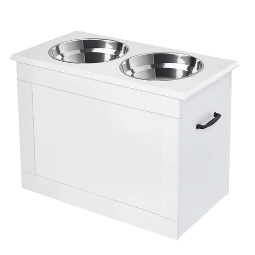 Large Elevated Pet Feeder, 2 Stainless Steel Bowls, White