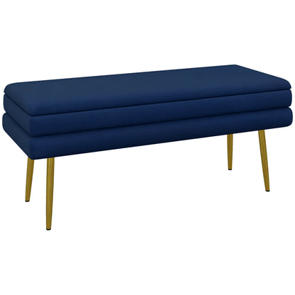 Velvet Upholstered Bench, Thick Padded Seat, Steel Legs, Dark Blue Storage Ottomans & Benches at Gallery Canada